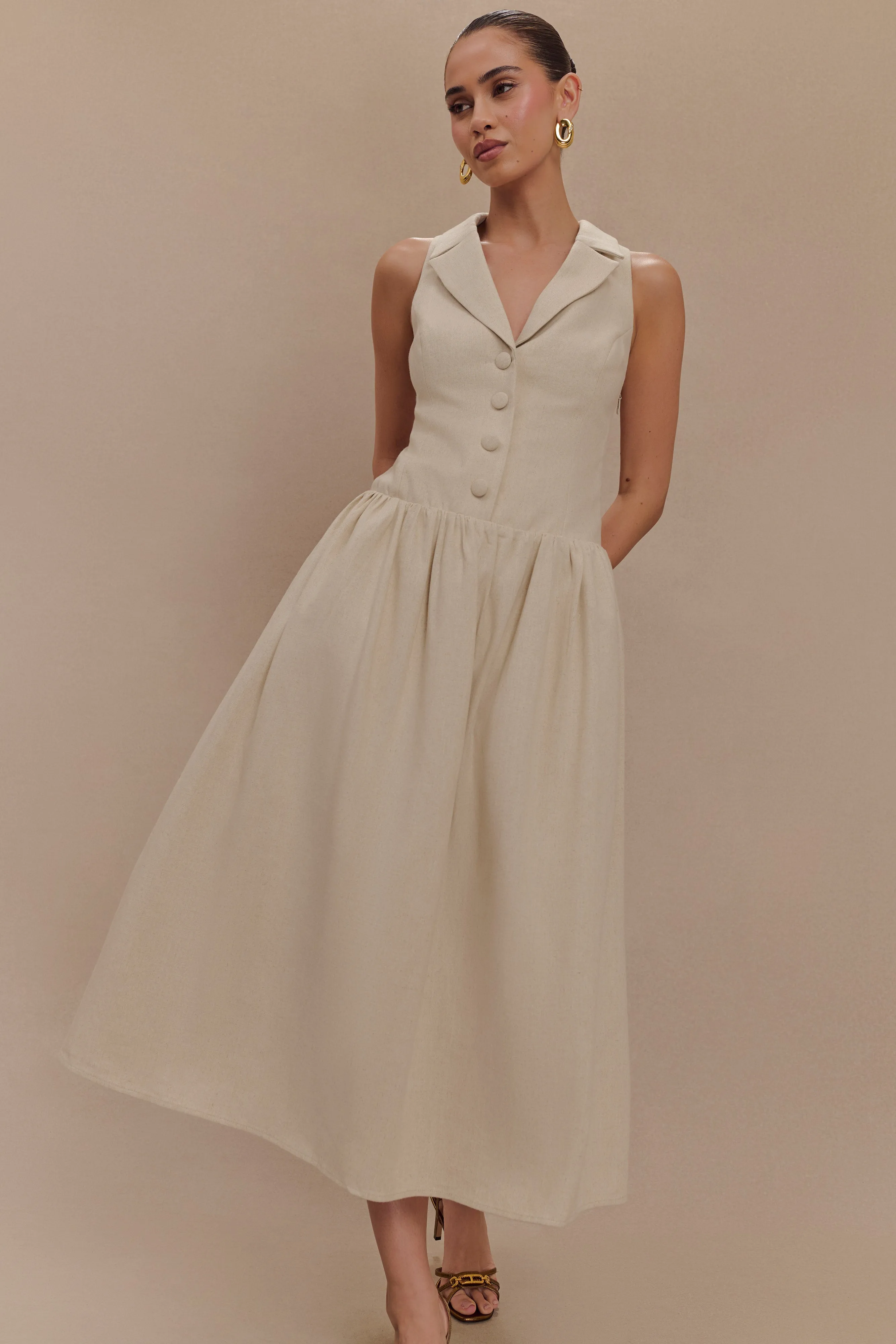 Valery Linen Midi Collar Dress - Natural sold by Meshki product image thumbnail 4