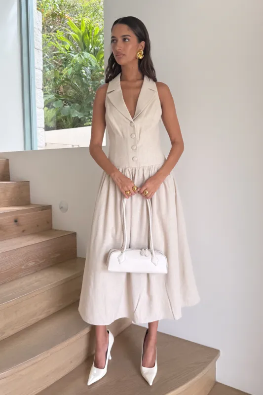 Valery Linen Midi Collar Dress - Natural sold by Meshki