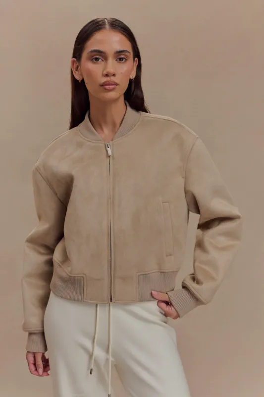 Rudy Suede Bomber Jacket - Sand sold by Meshki