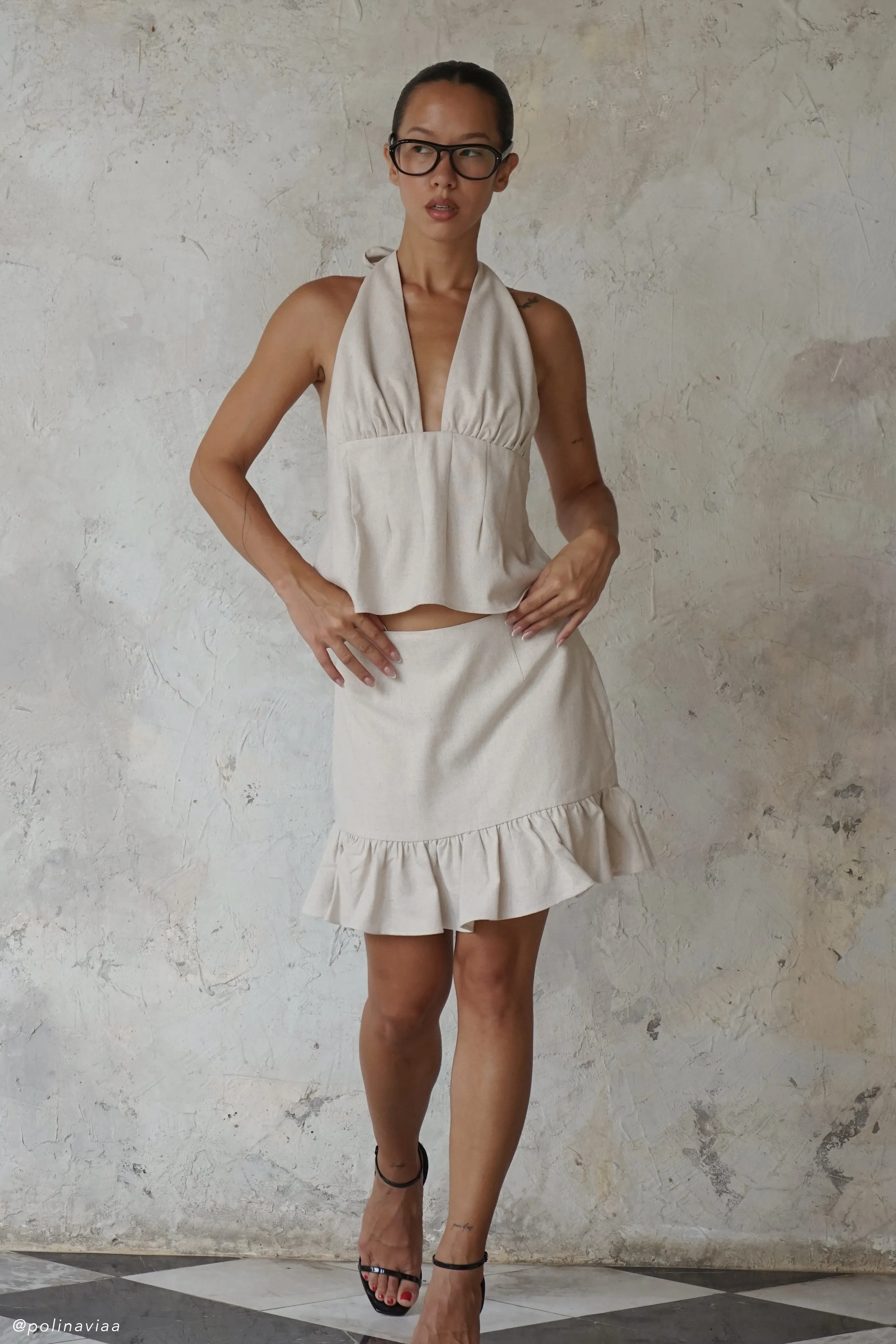Delfina Linen Mini Skirt With Ruffle - Natural sold by Meshki product image thumbnail 2