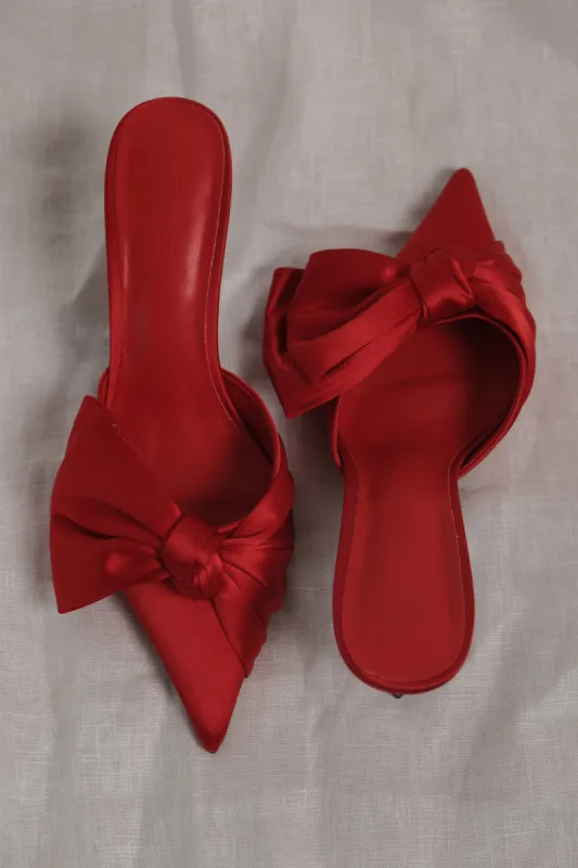 Elena Pointed Satin Bow Heel - Red sold by Meshki