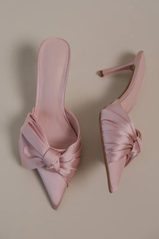 Elena Pointed Satin Bow Heel - Pastel Pink sold by Meshki