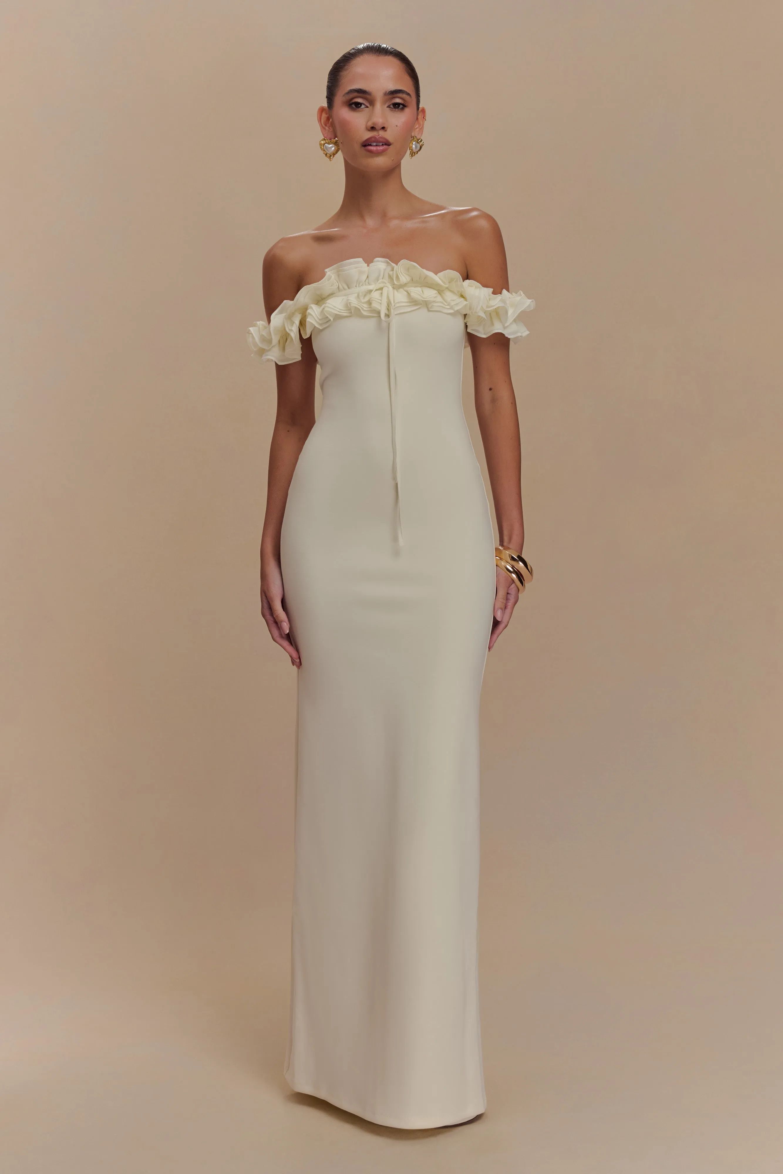 Nova Ruffle Off Shoulder Maxi Dress - Ivory sold by Meshki product image thumbnail 5