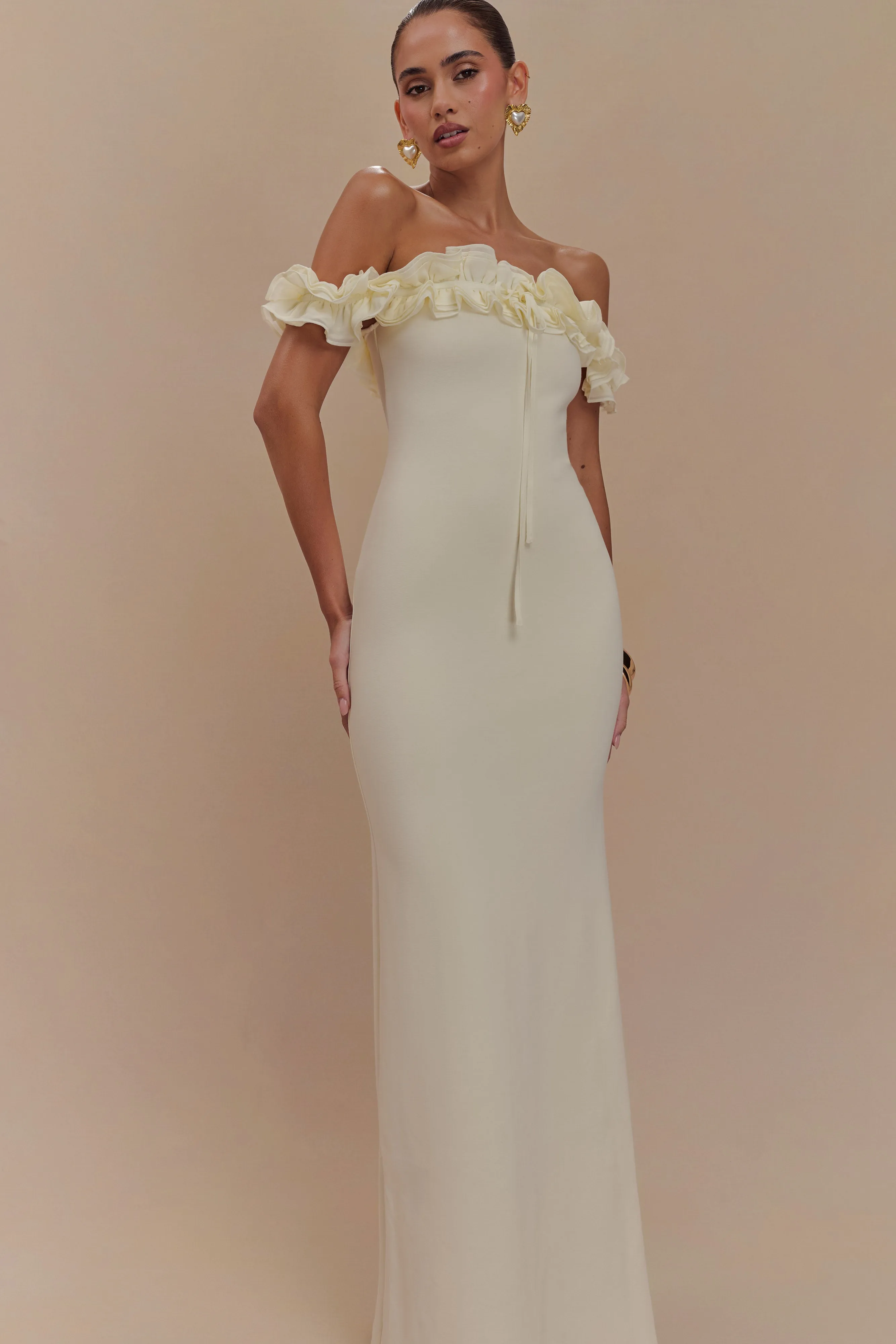 Nova Ruffle Off Shoulder Maxi Dress - Ivory sold by Meshki product image thumbnail 3