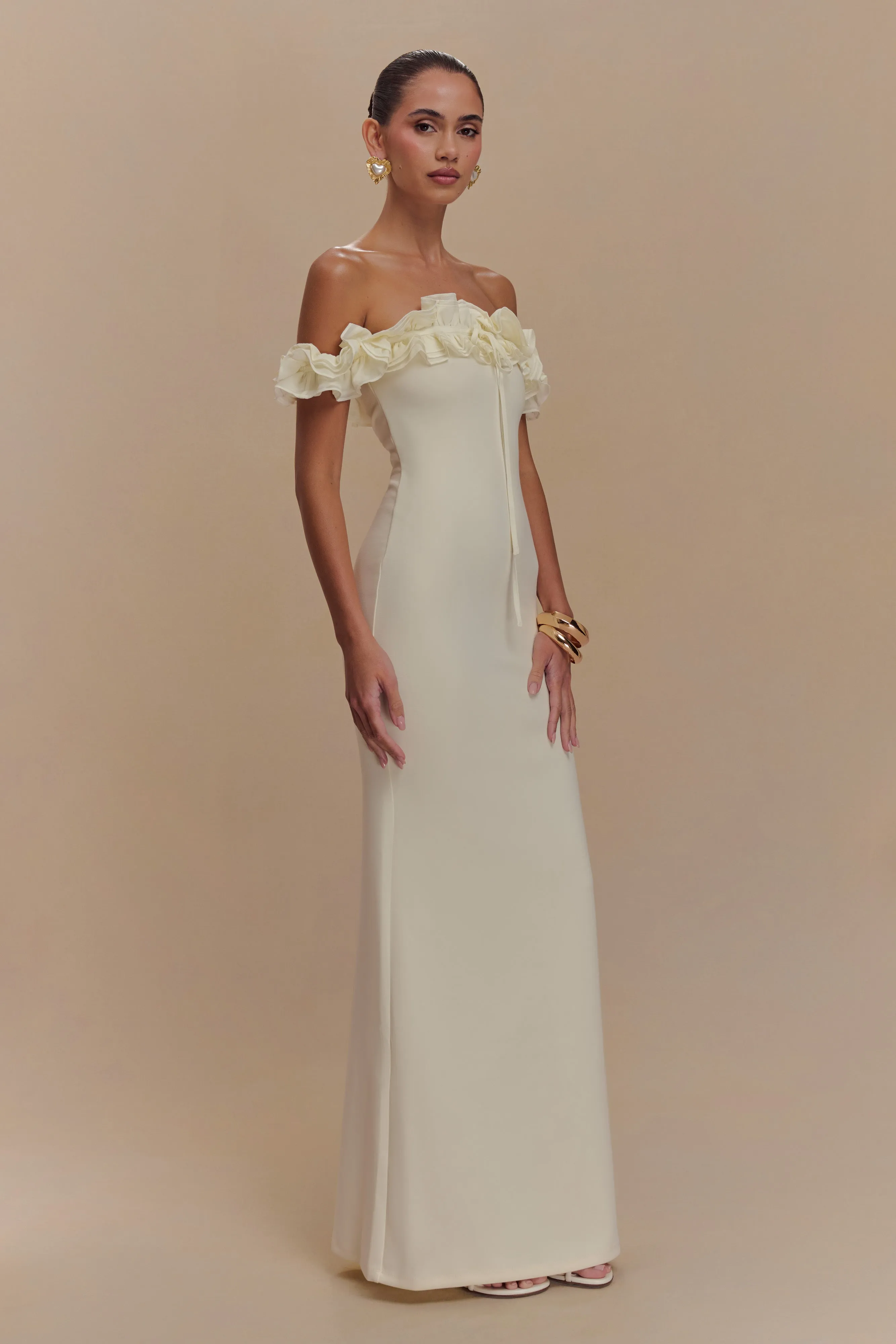 Nova Ruffle Off Shoulder Maxi Dress - Ivory sold by Meshki product image thumbnail 4