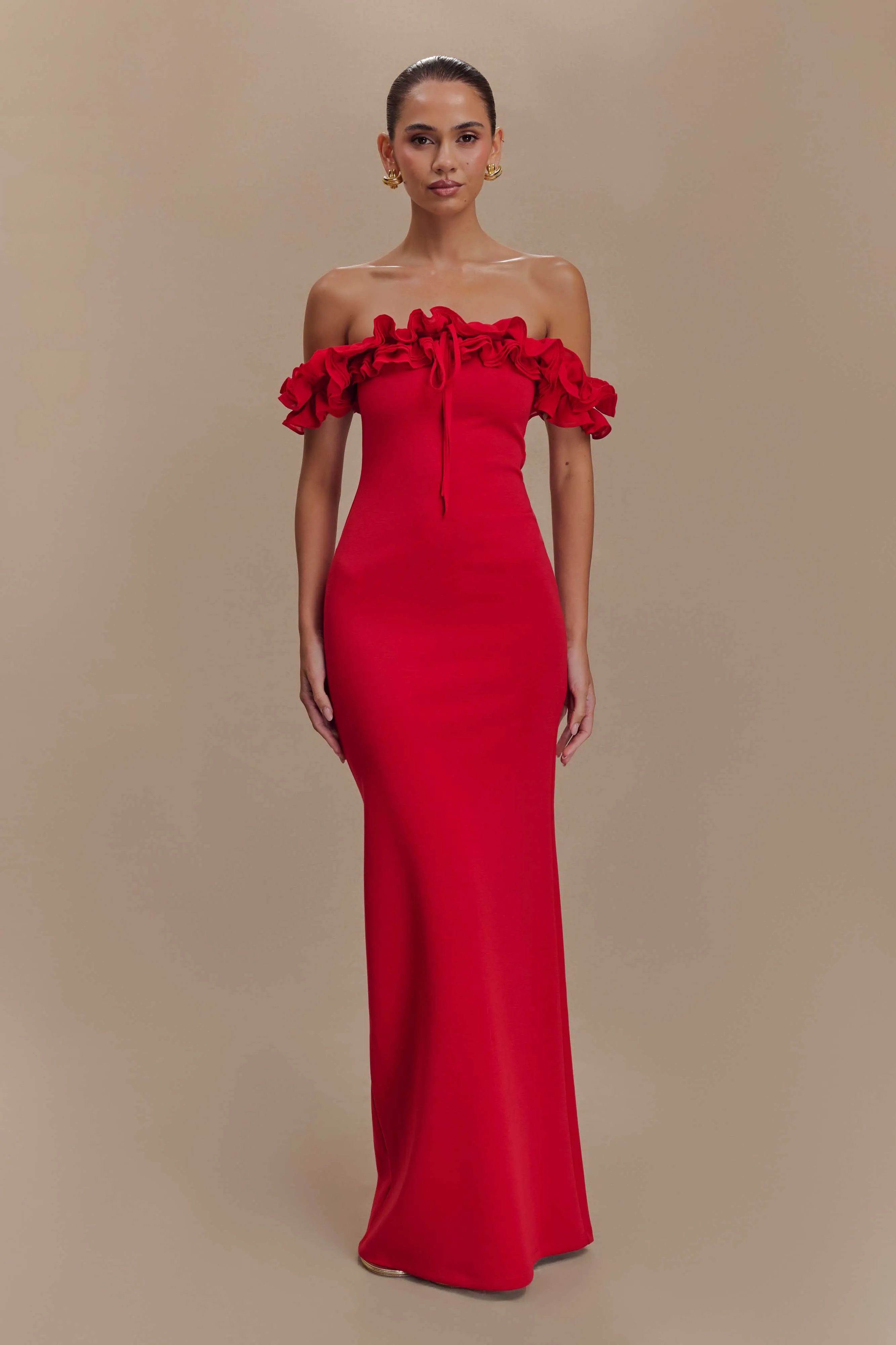 Nova Ruffle Off Shoulder Maxi Dress - Ruby sold by Meshki product image thumbnail 5