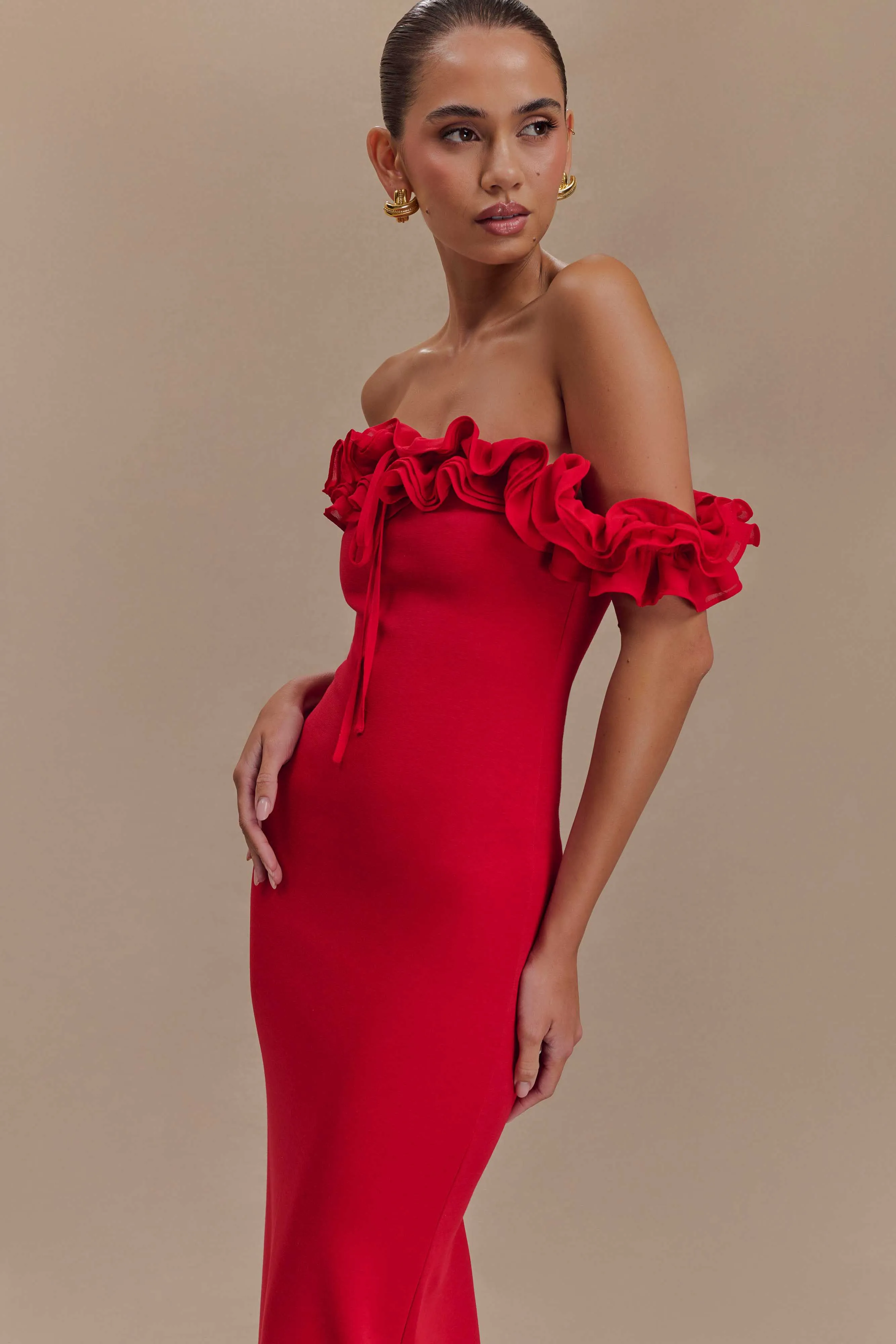 Nova Ruffle Off Shoulder Maxi Dress - Ruby sold by Meshki product image thumbnail 3