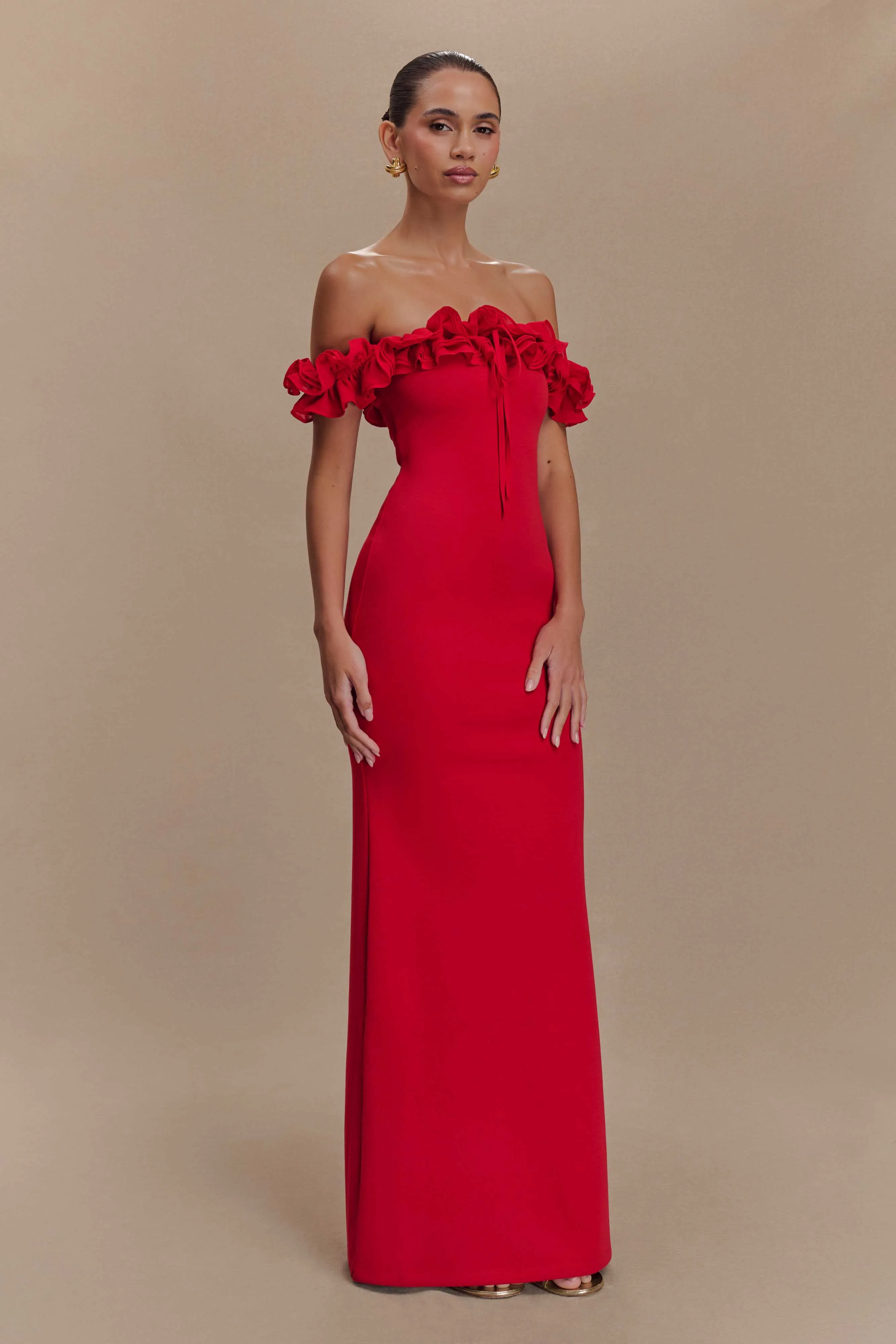 Nova Ruffle Off Shoulder Maxi Dress - Ruby sold by Meshki product image thumbnail 4