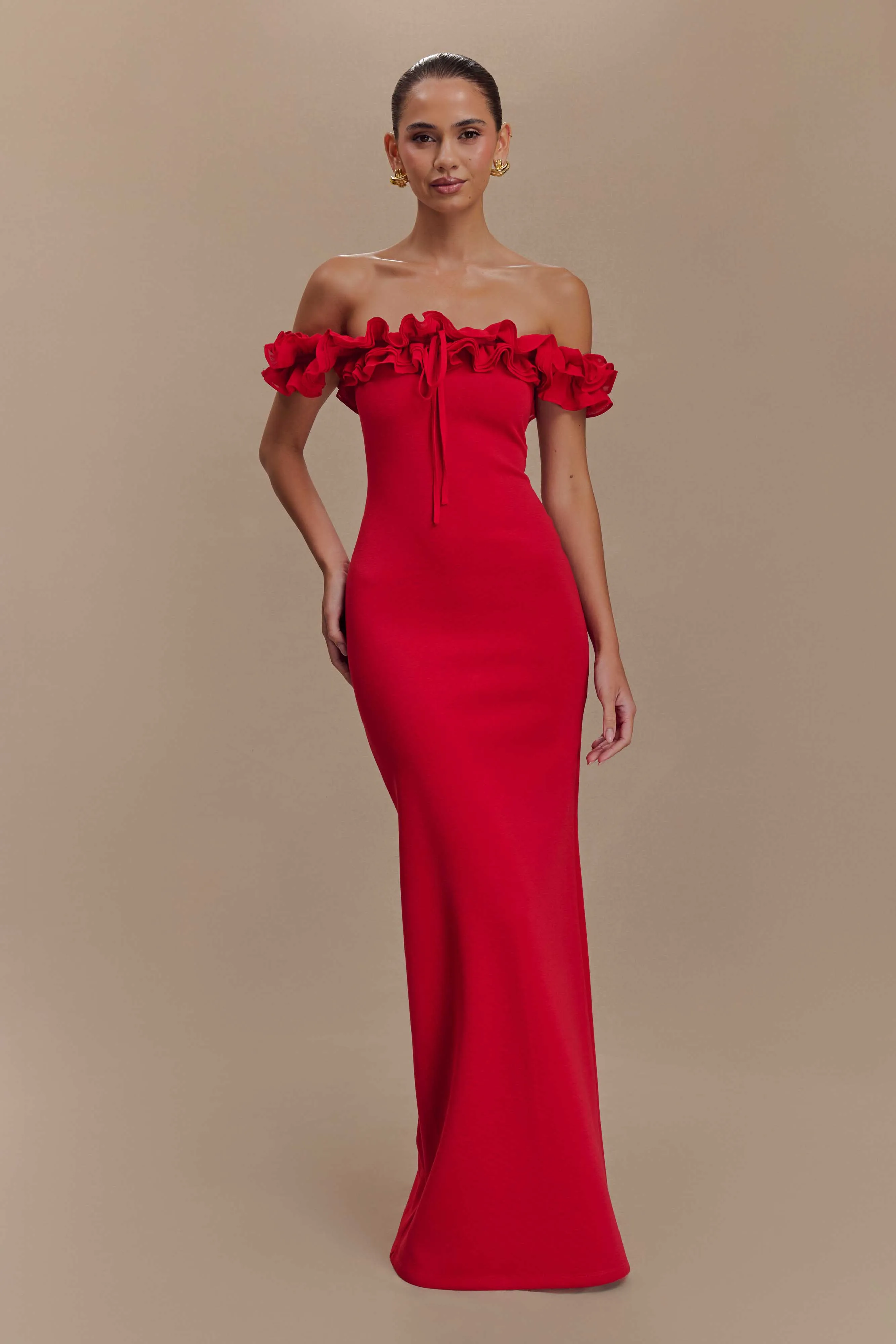Nova Ruffle Off Shoulder Maxi Dress - Ruby sold by Meshki