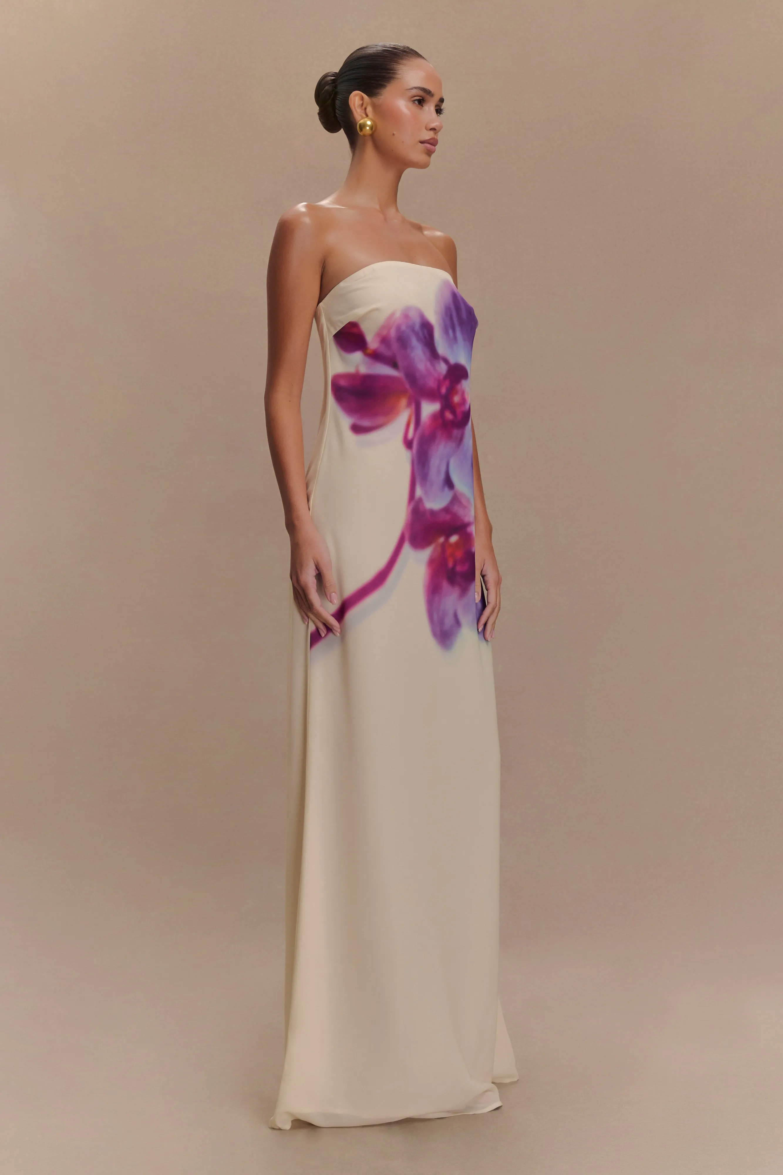 Amaya Strapless Chiffon Maxi Dress - Ivory Koi Orchid Print sold by Meshki product image thumbnail 3