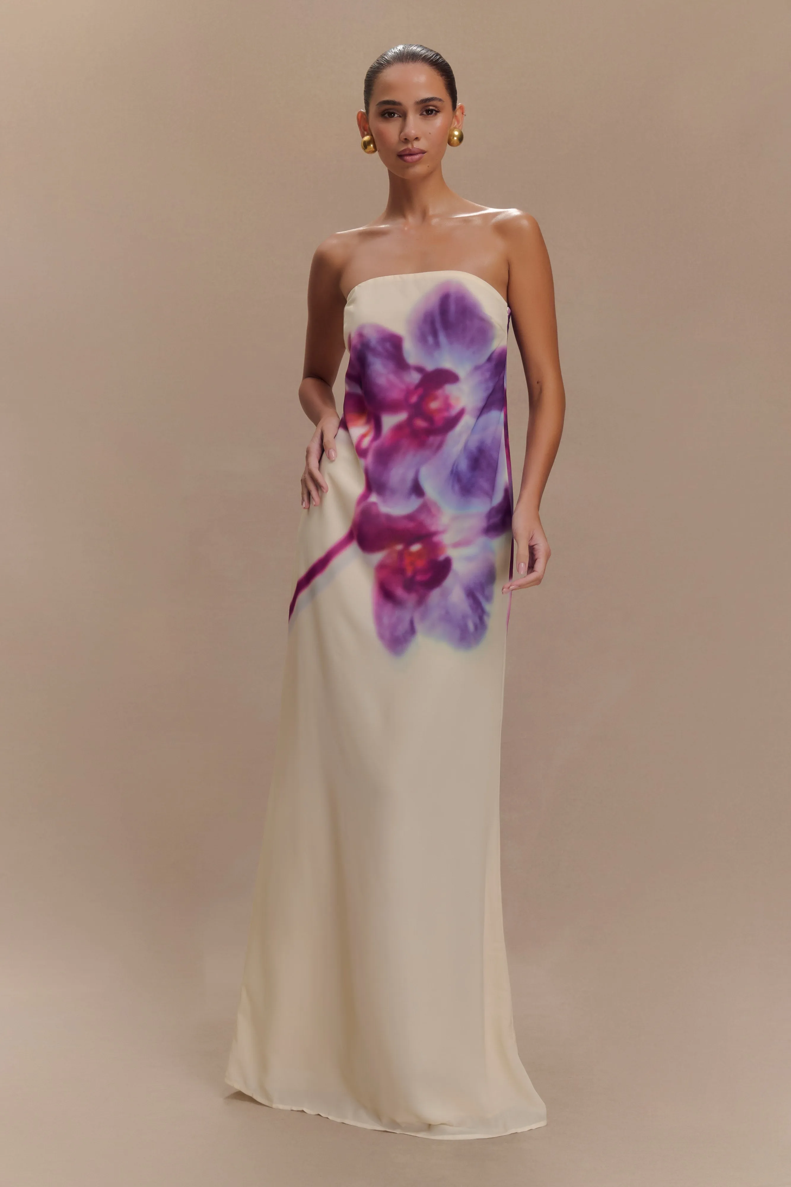 Amaya Strapless Chiffon Maxi Dress - Ivory Koi Orchid Print sold by Meshki product image thumbnail 4