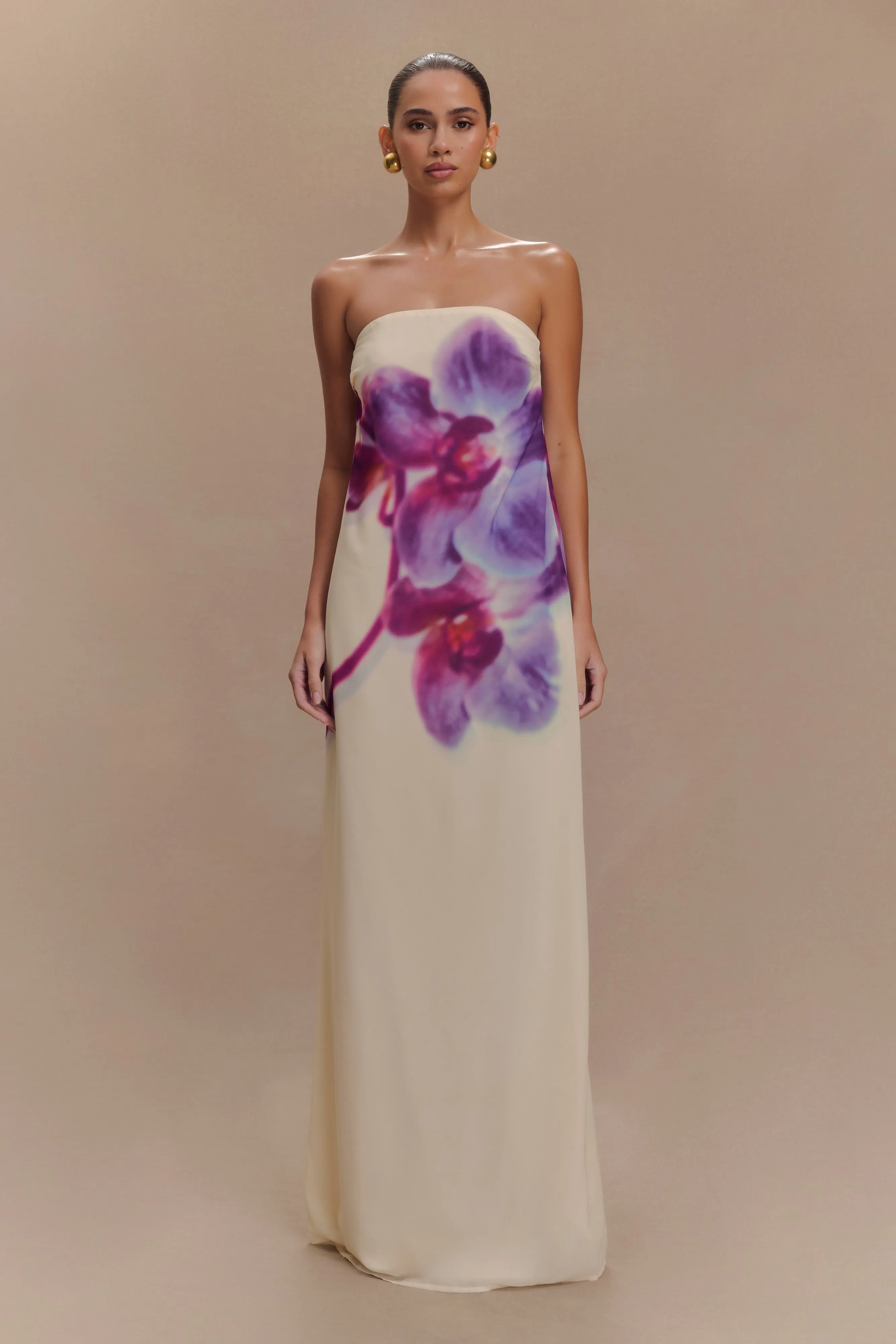 Amaya Strapless Chiffon Maxi Dress - Ivory Koi Orchid Print sold by Meshki