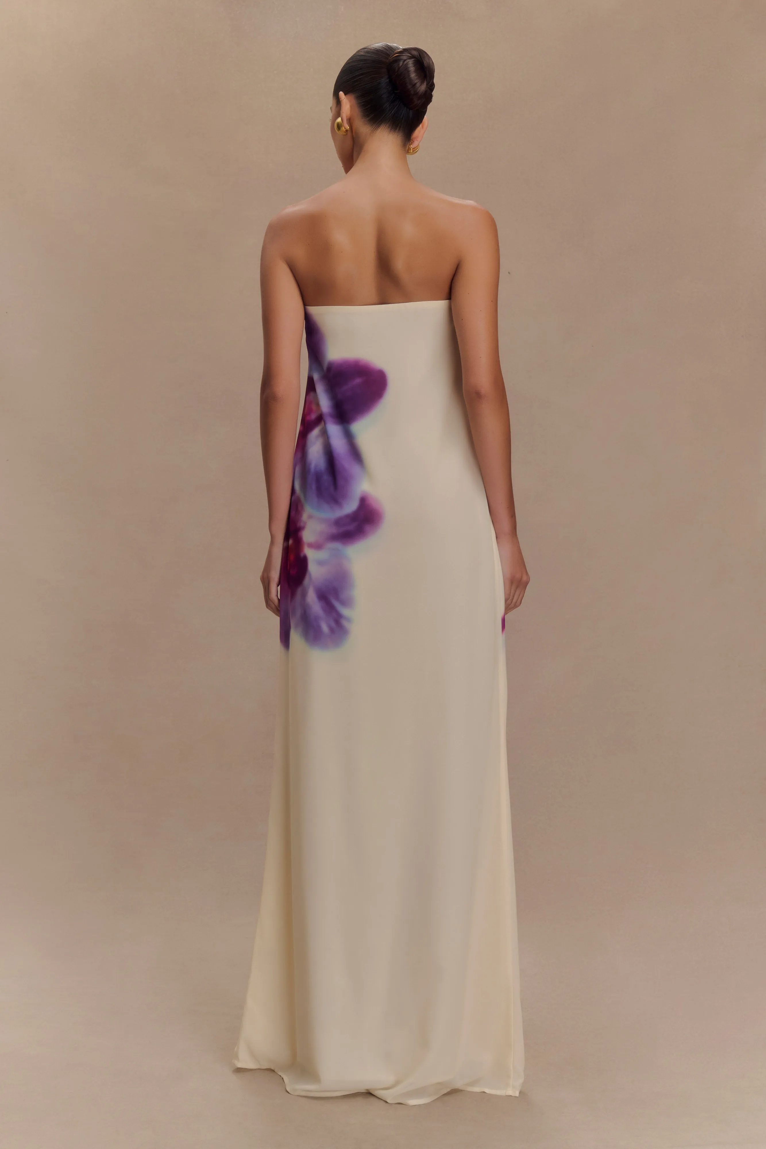 Amaya Strapless Chiffon Maxi Dress - Ivory Koi Orchid Print sold by Meshki product image thumbnail 2