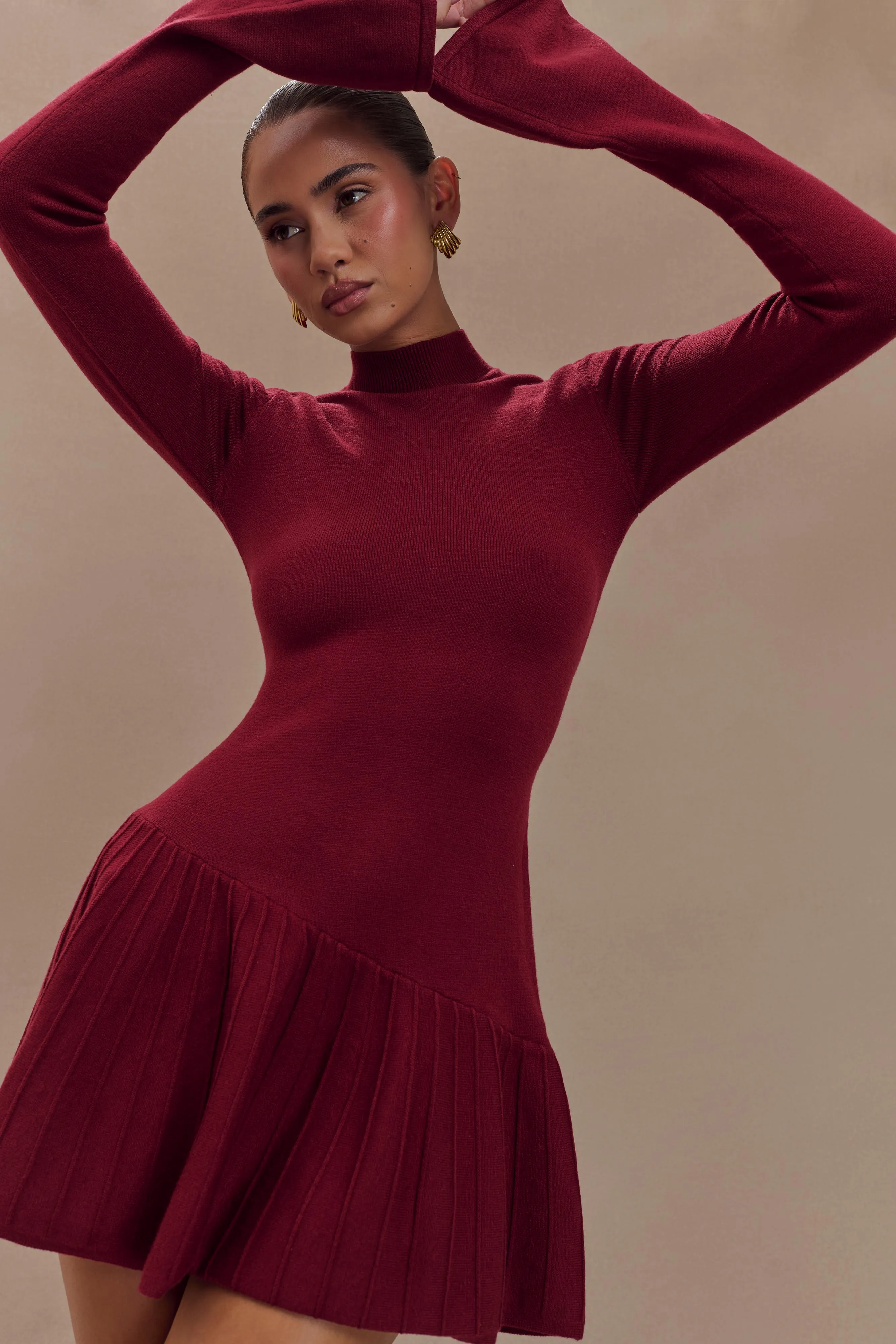 Blair Knit Mini Dress With Pleats - Merlot sold by Meshki product image thumbnail 3