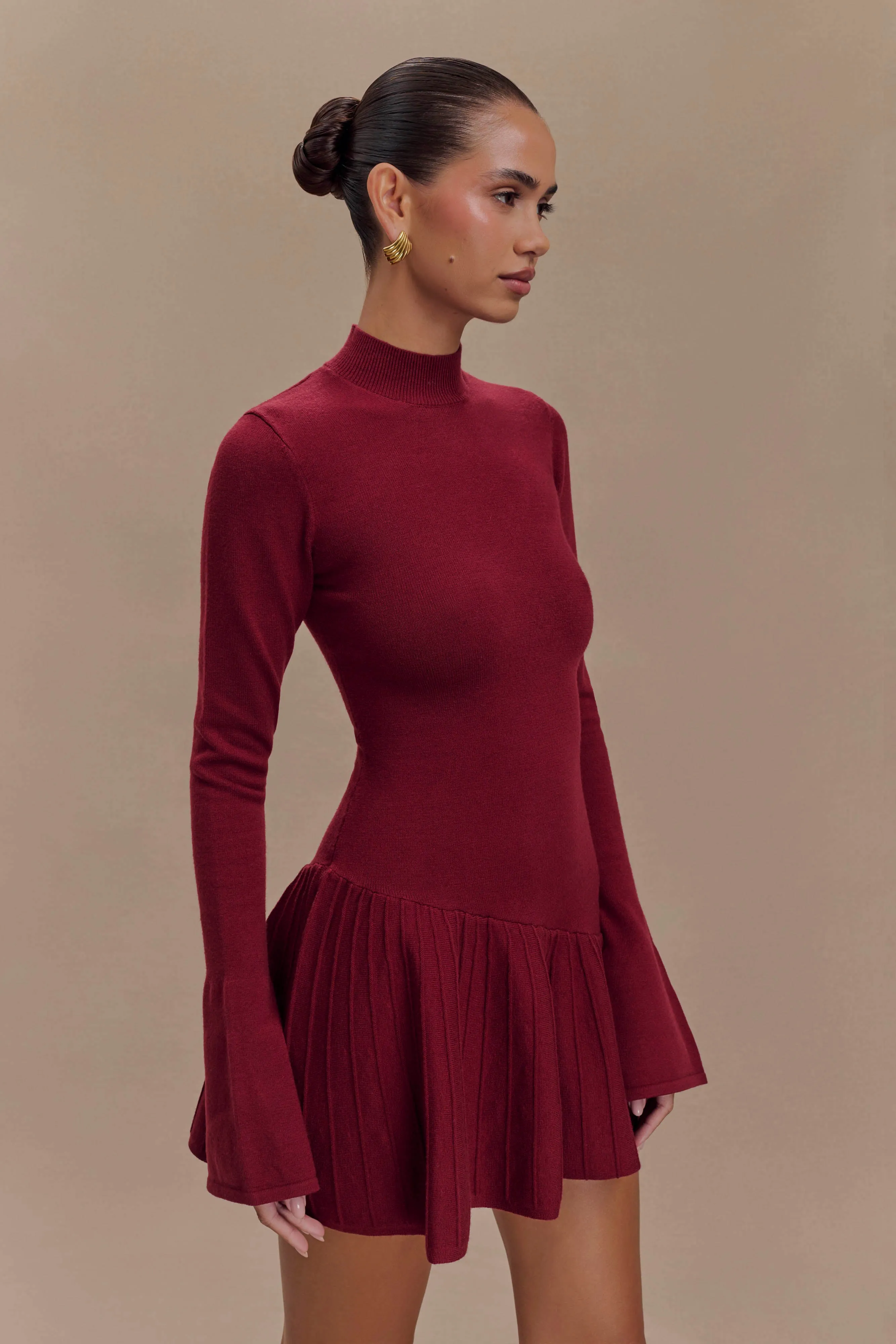 Blair Knit Mini Dress With Pleats - Merlot sold by Meshki product image thumbnail 4