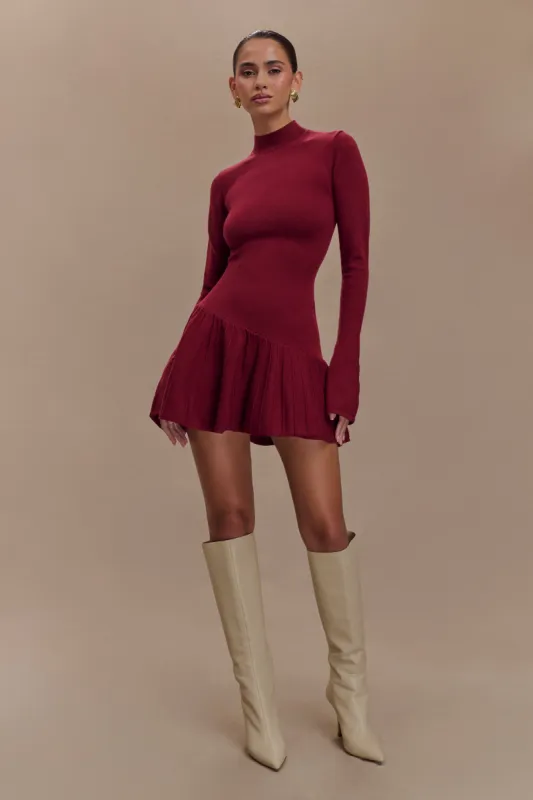 Blair Knit Mini Dress With Pleats - Merlot sold by Meshki