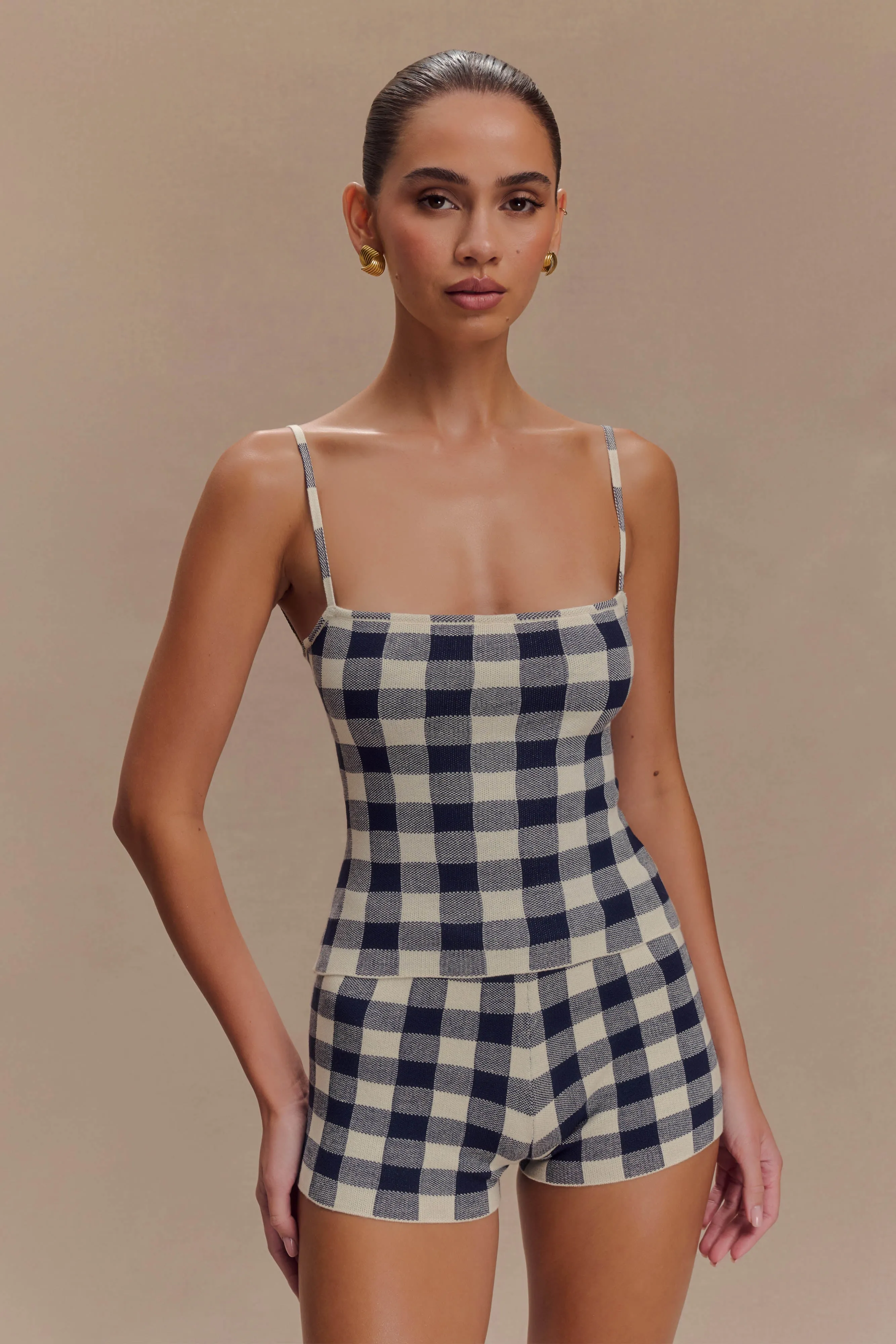 Marcie Sleeveless Knit Top - Navy Gingham sold by Meshki