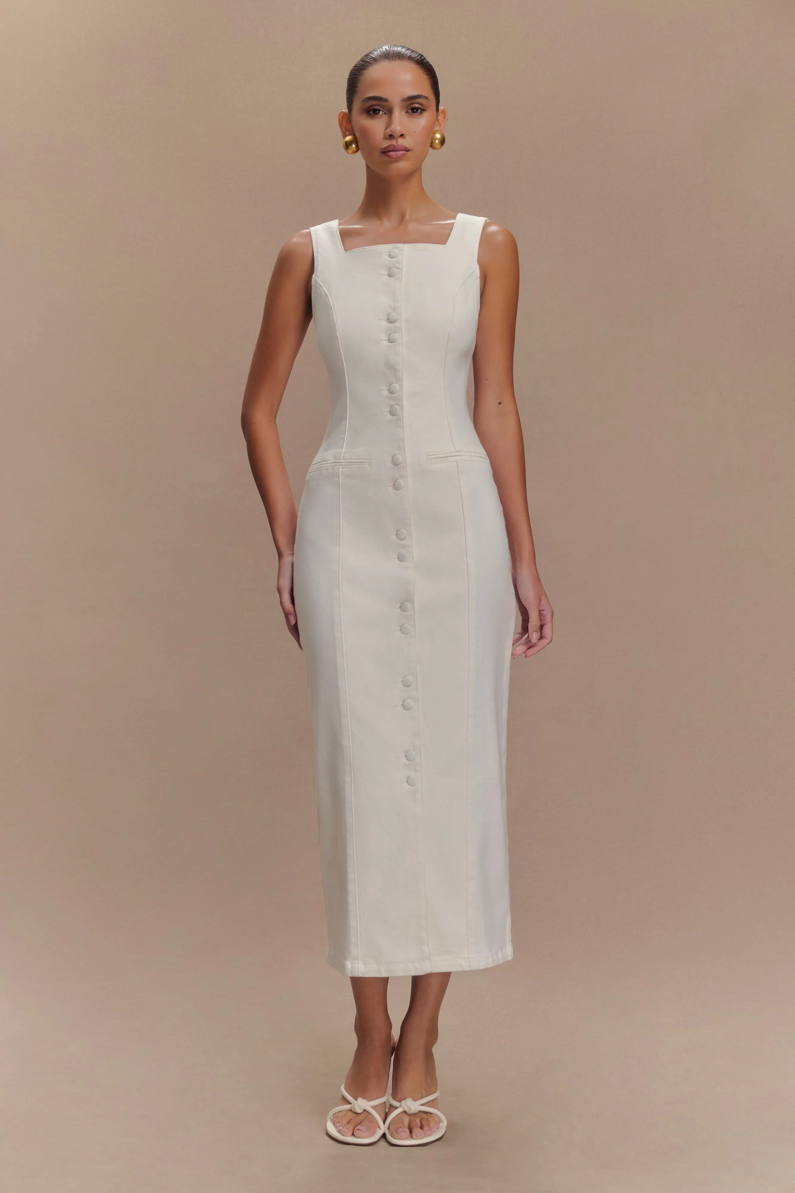 Reyna Denim Midi Dress - White sold by Meshki