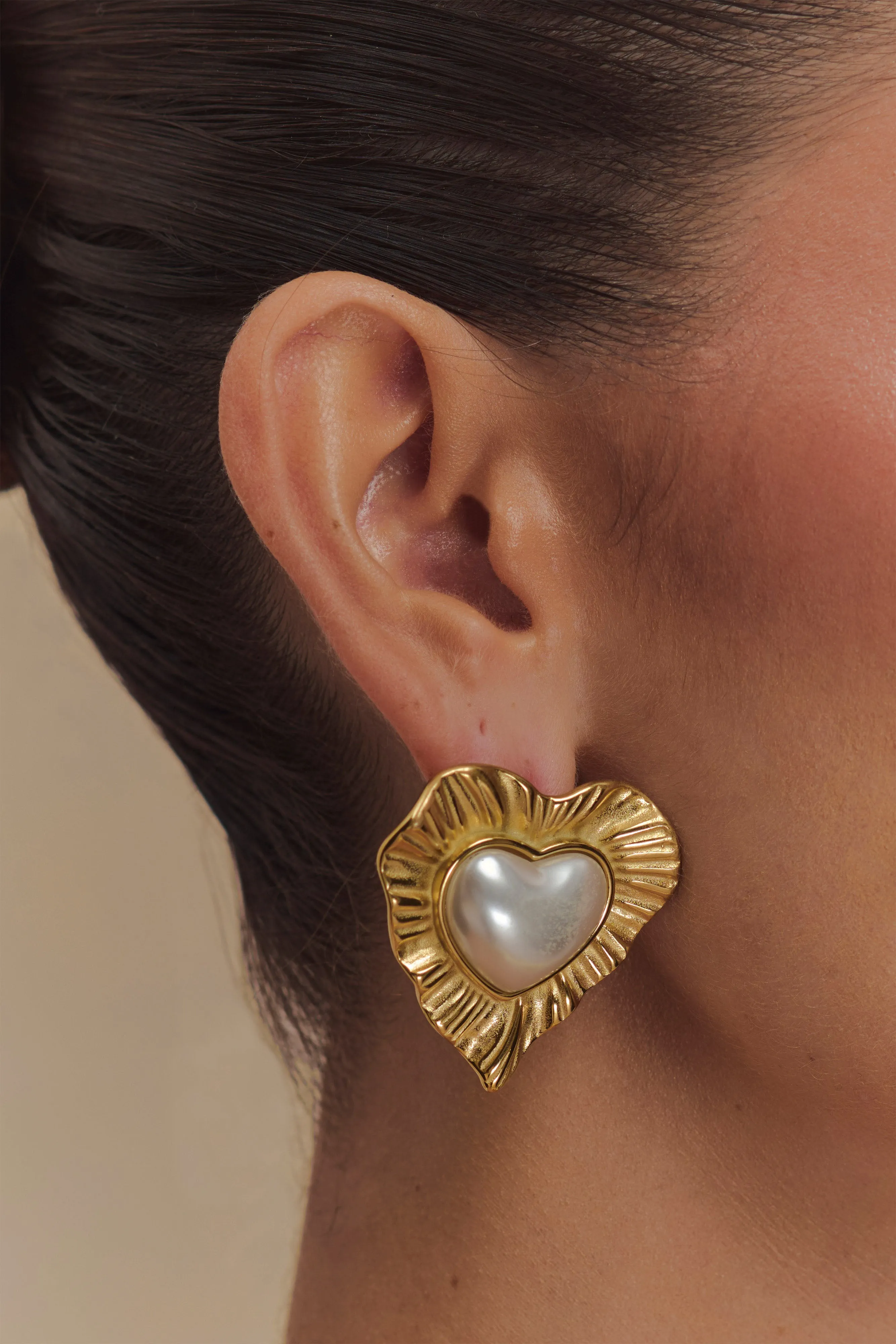 Heart To Heart Pearl Earrings - Gold sold by Meshki product image thumbnail 5