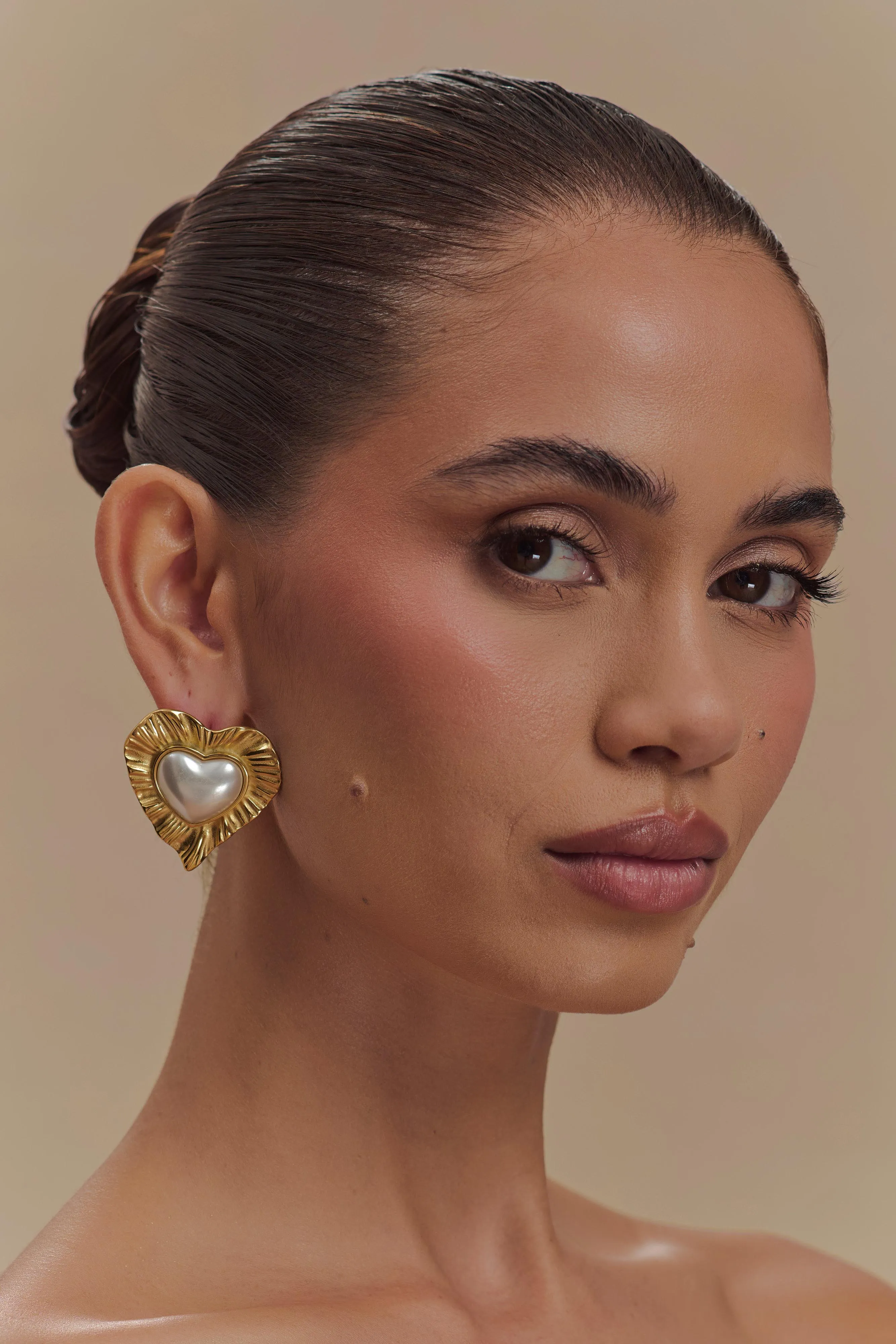 Heart To Heart Pearl Earrings - Gold sold by Meshki product image thumbnail 4