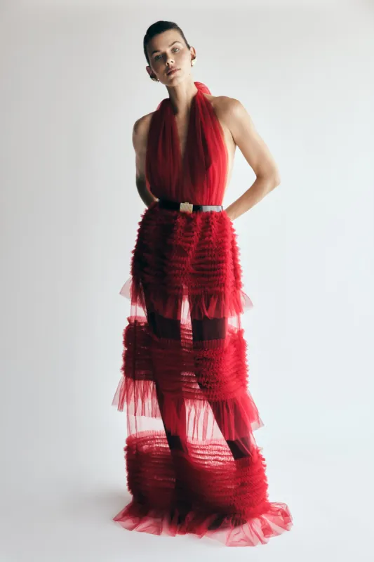 Minka Mesh Ruffle Halter Maxi Dress - Red sold by Meshki