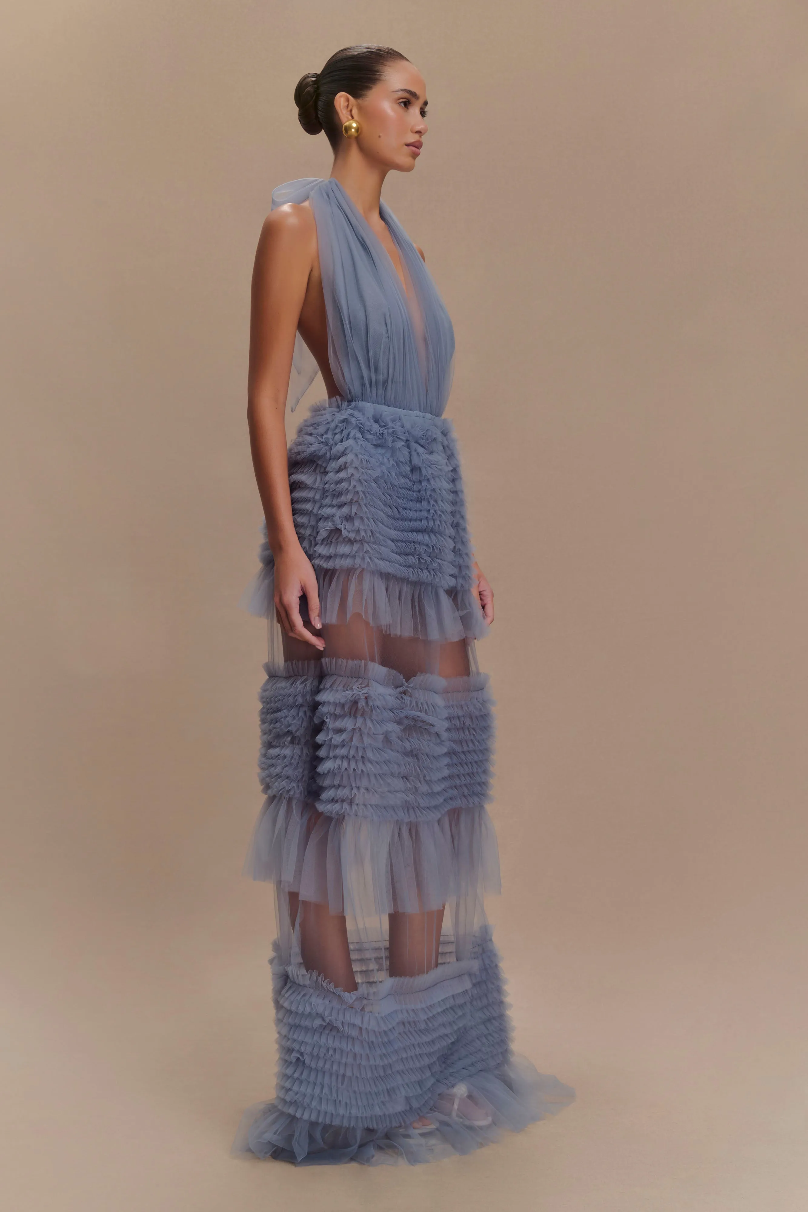 Minka Mesh Ruffle Halter Maxi Dress - Dusty Blue sold by Meshki product image thumbnail 4
