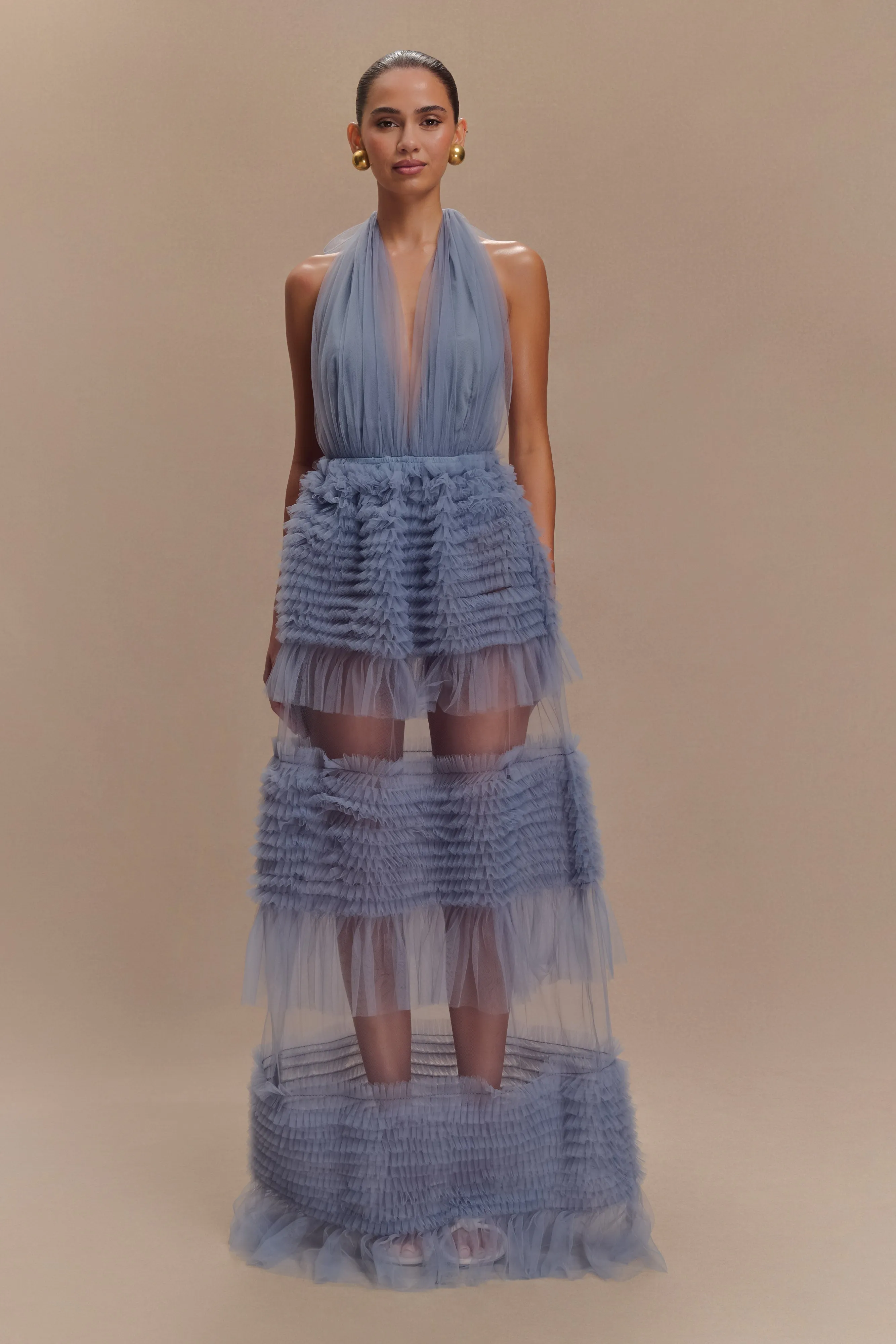 Minka Mesh Ruffle Halter Maxi Dress - Dusty Blue sold by Meshki