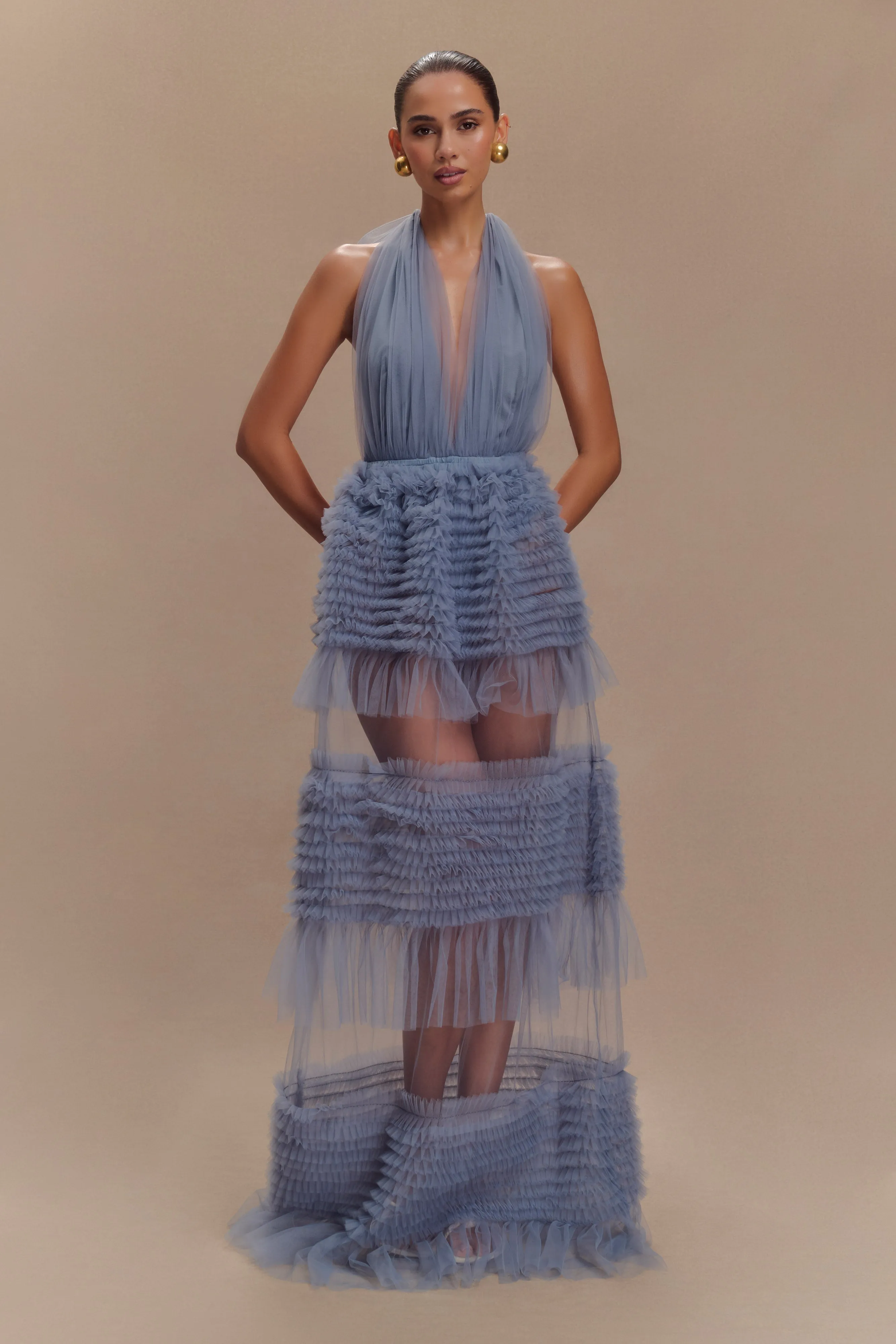 Minka Mesh Ruffle Halter Maxi Dress - Dusty Blue sold by Meshki product image thumbnail 5