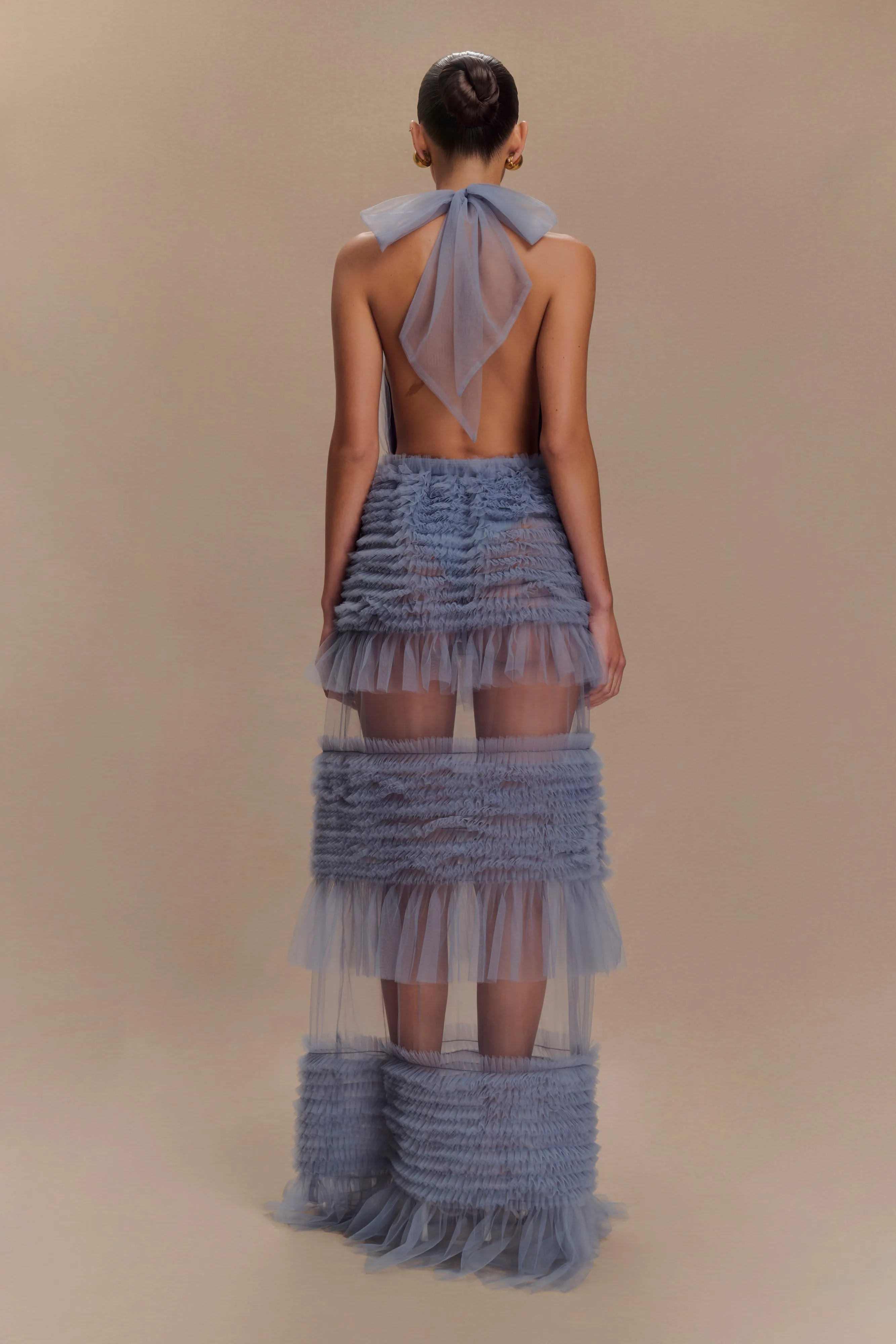 Minka Mesh Ruffle Halter Maxi Dress - Dusty Blue sold by Meshki product image thumbnail 2