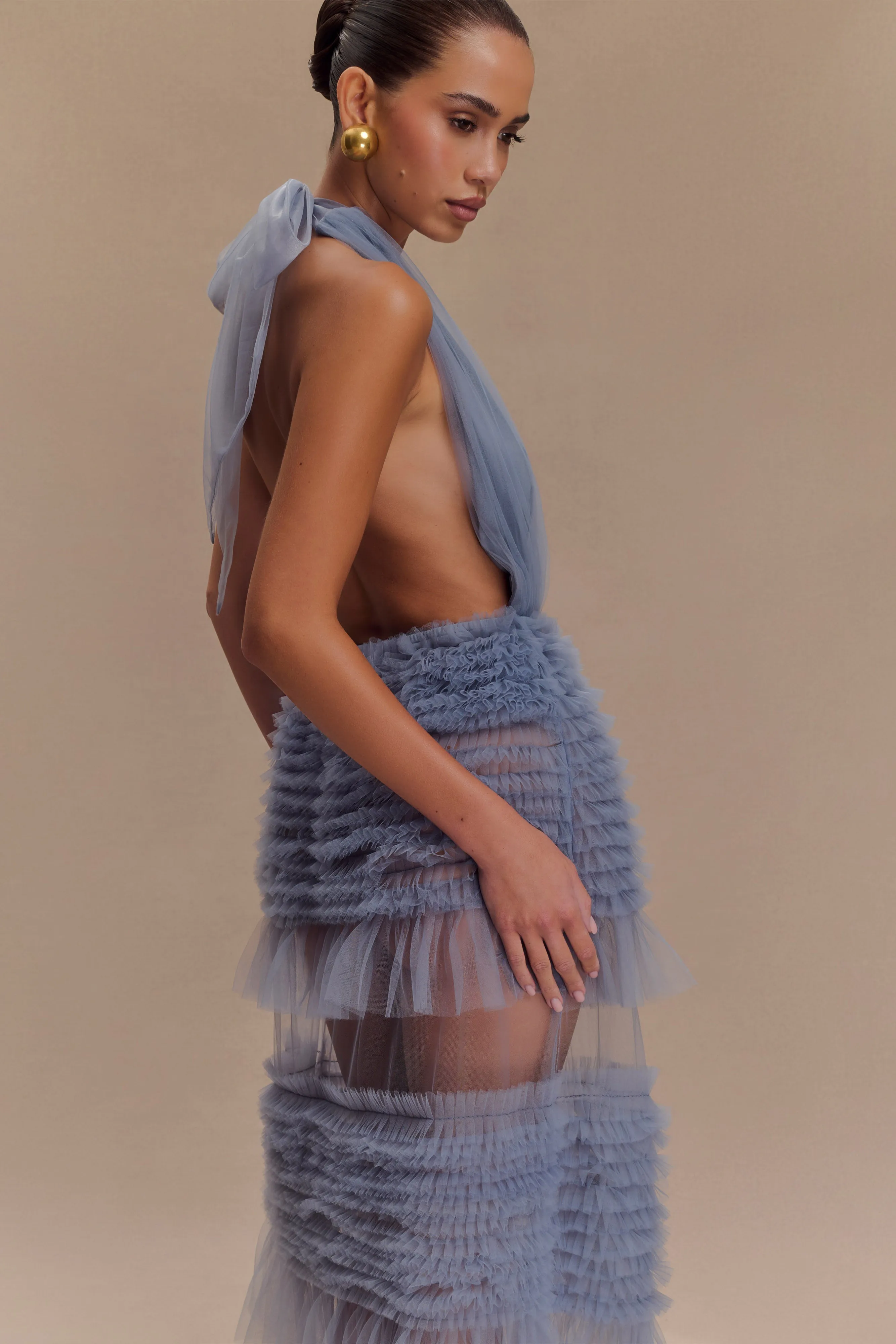 Minka Mesh Ruffle Halter Maxi Dress - Dusty Blue sold by Meshki product image thumbnail 3