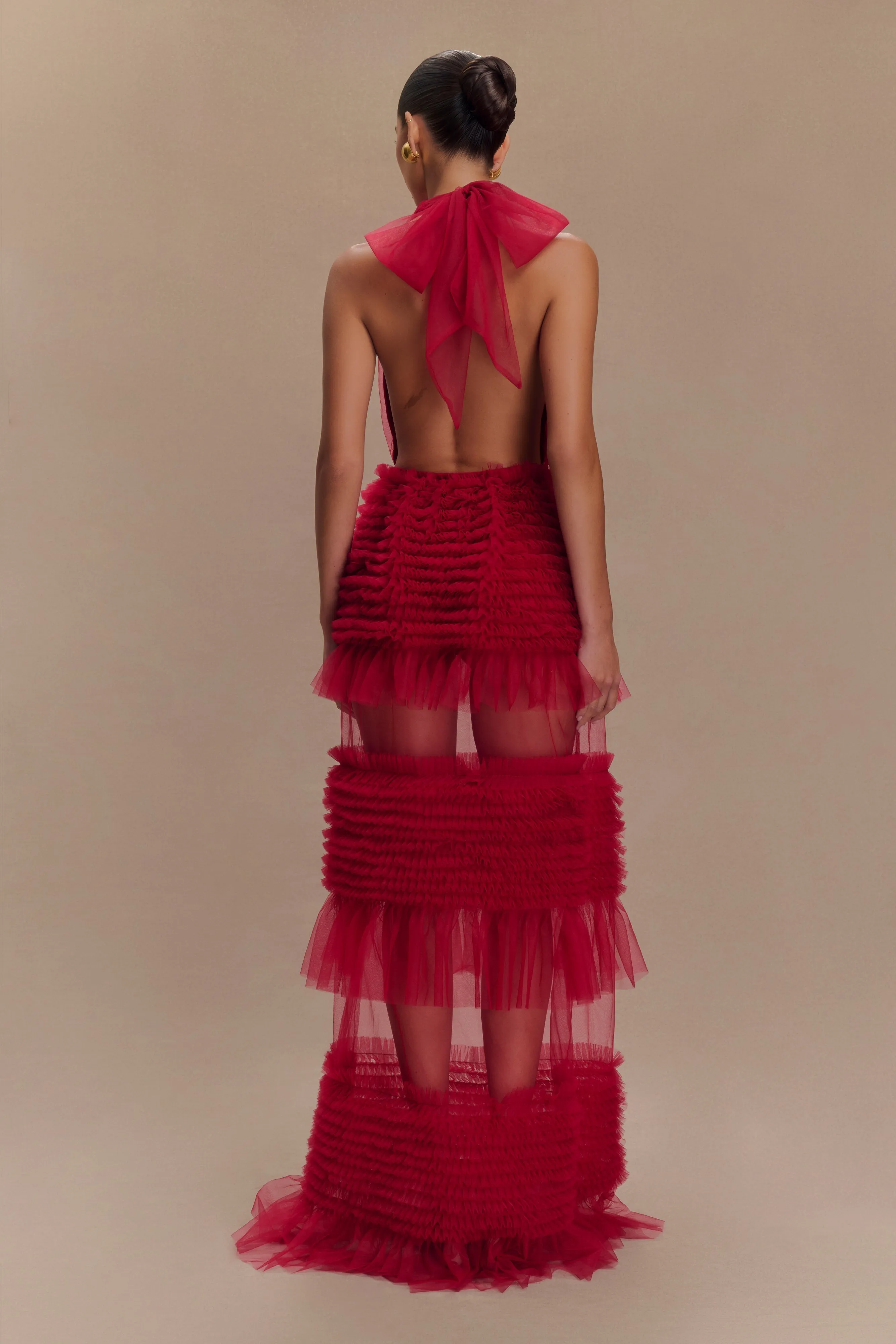 Minka Mesh Ruffle Halter Maxi Dress - Red sold by Meshki product image thumbnail 5