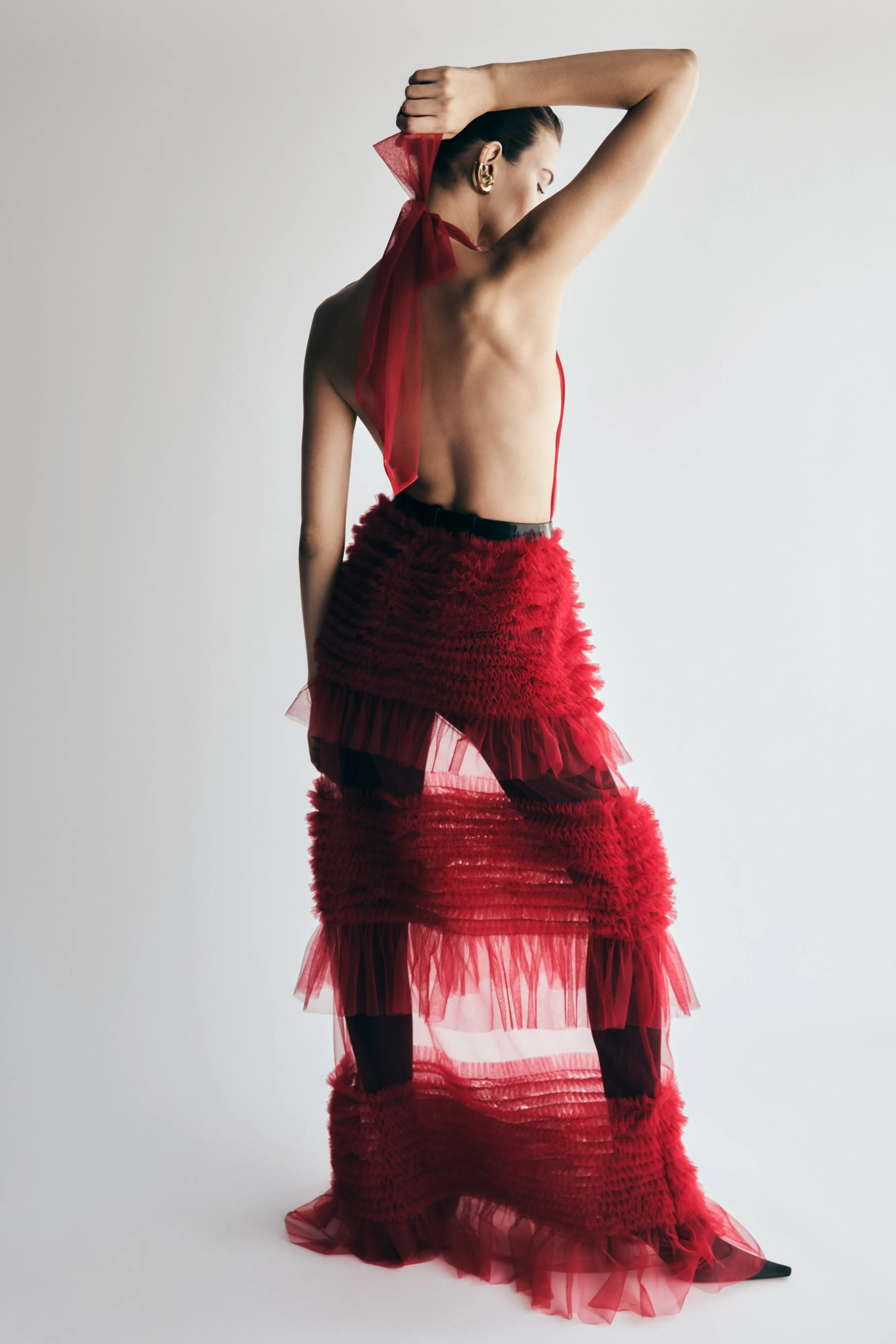 Minka Mesh Ruffle Halter Maxi Dress - Red sold by Meshki product image thumbnail 2