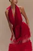 Minka Mesh Ruffle Halter Maxi Dress - Red sold by Meshki