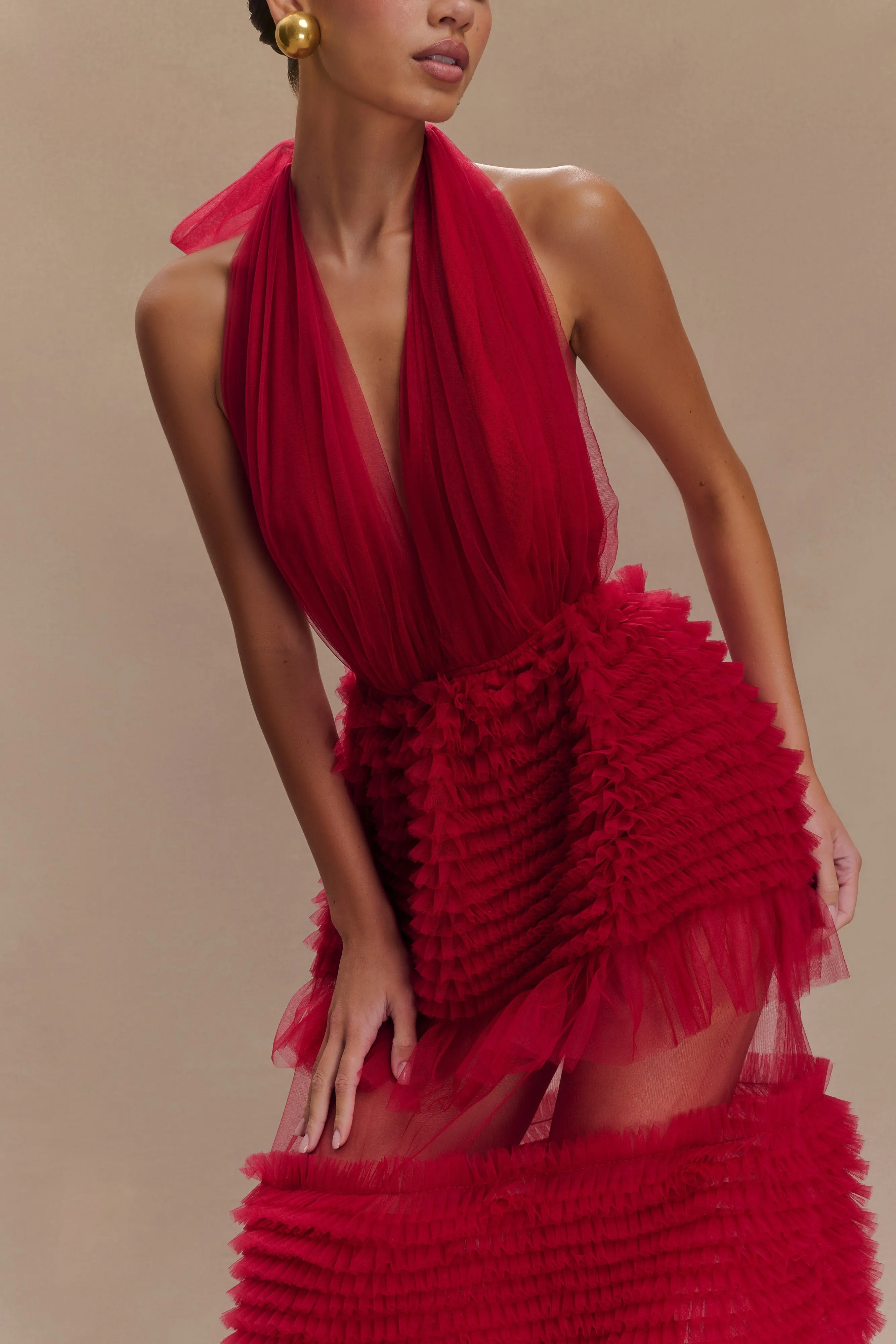 Minka Mesh Ruffle Halter Maxi Dress - Red sold by Meshki product image thumbnail 3