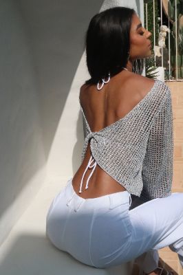Catalina Sequin Crochet Twist Top - Silver sold by Meshki