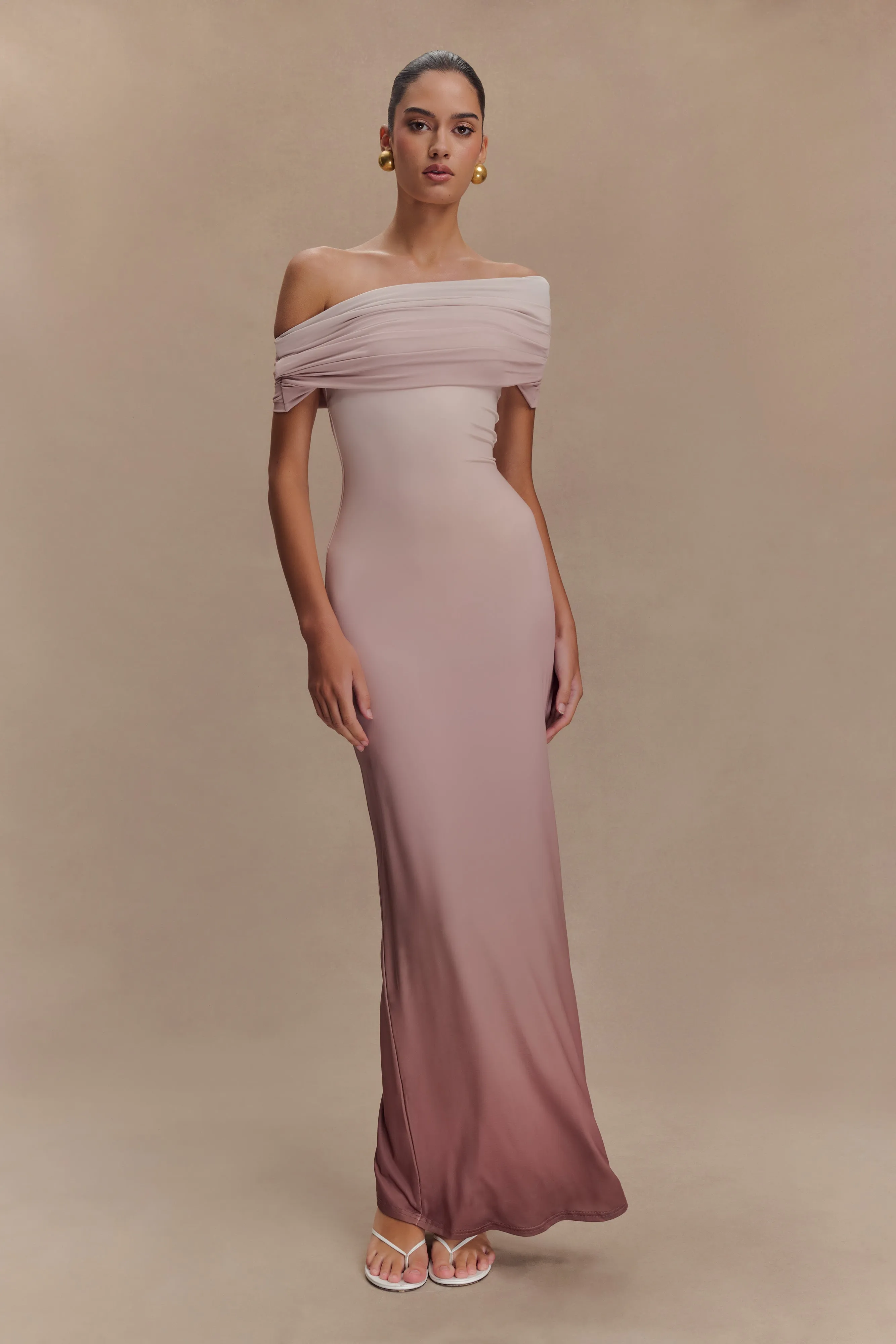 Cassandra Off Shoulder Slinky Maxi Dress - Neutral Ombre sold by Meshki product image thumbnail 5