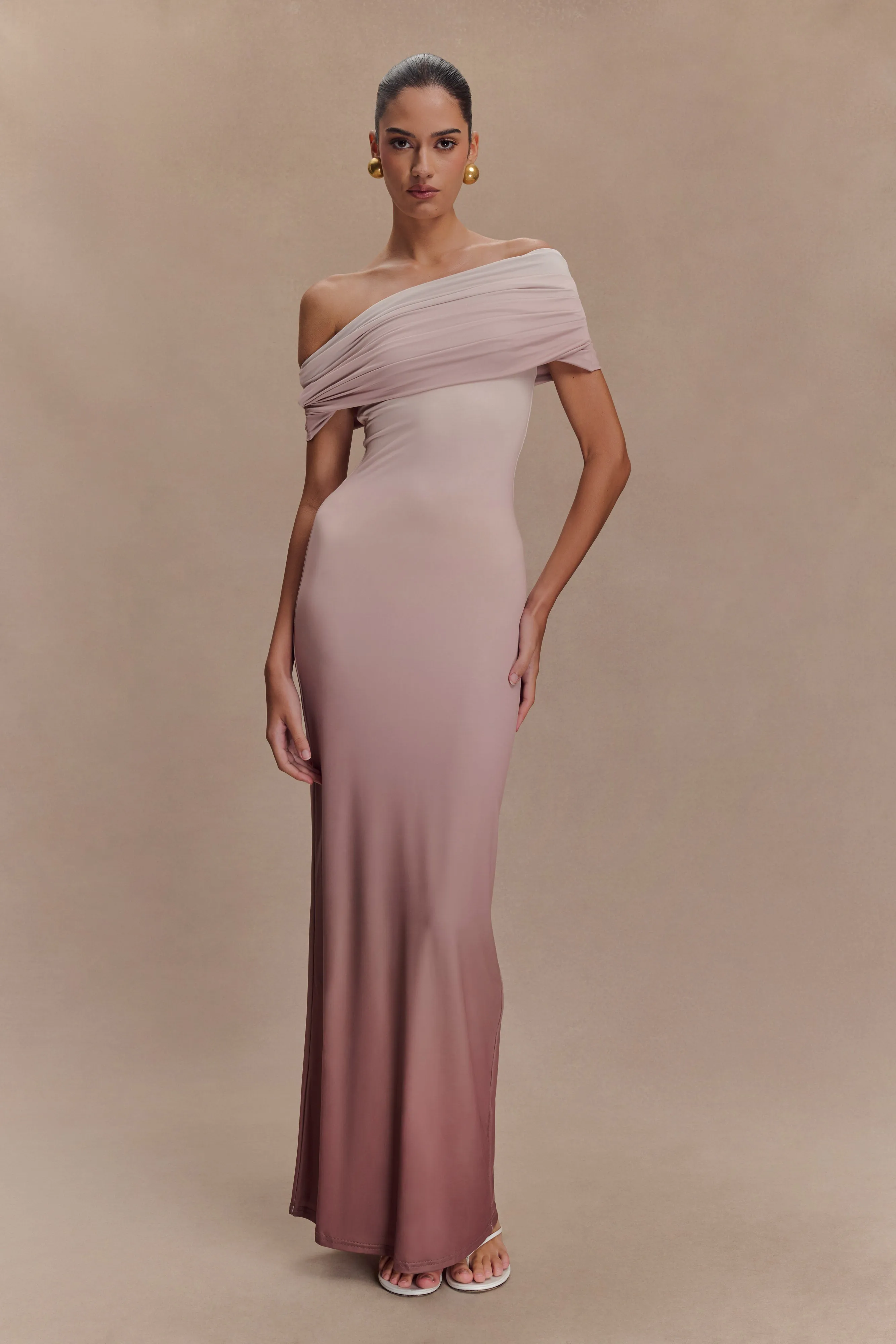 Cassandra Off Shoulder Slinky Maxi Dress - Neutral Ombre sold by Meshki
