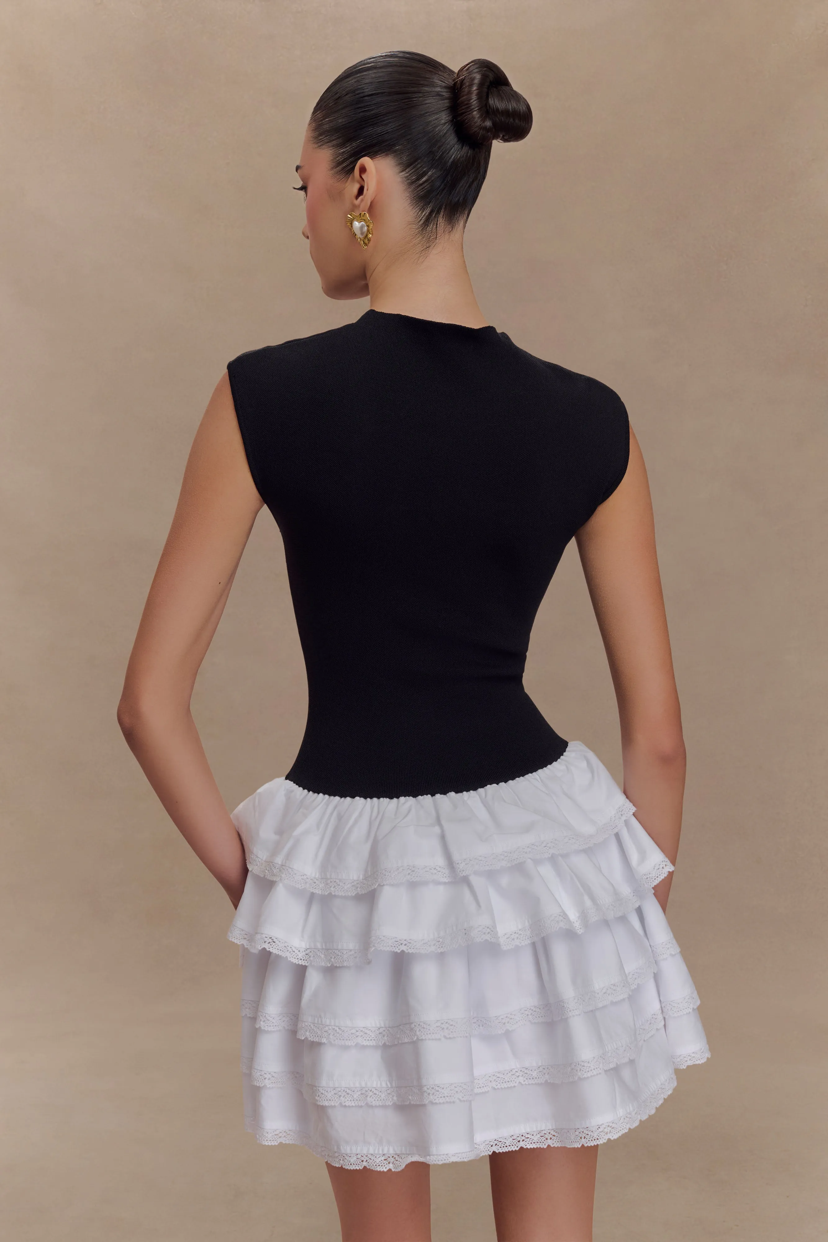 Maeve Contrast Ruffle Knit Mini Dress - Black/White sold by Meshki product image thumbnail 2
