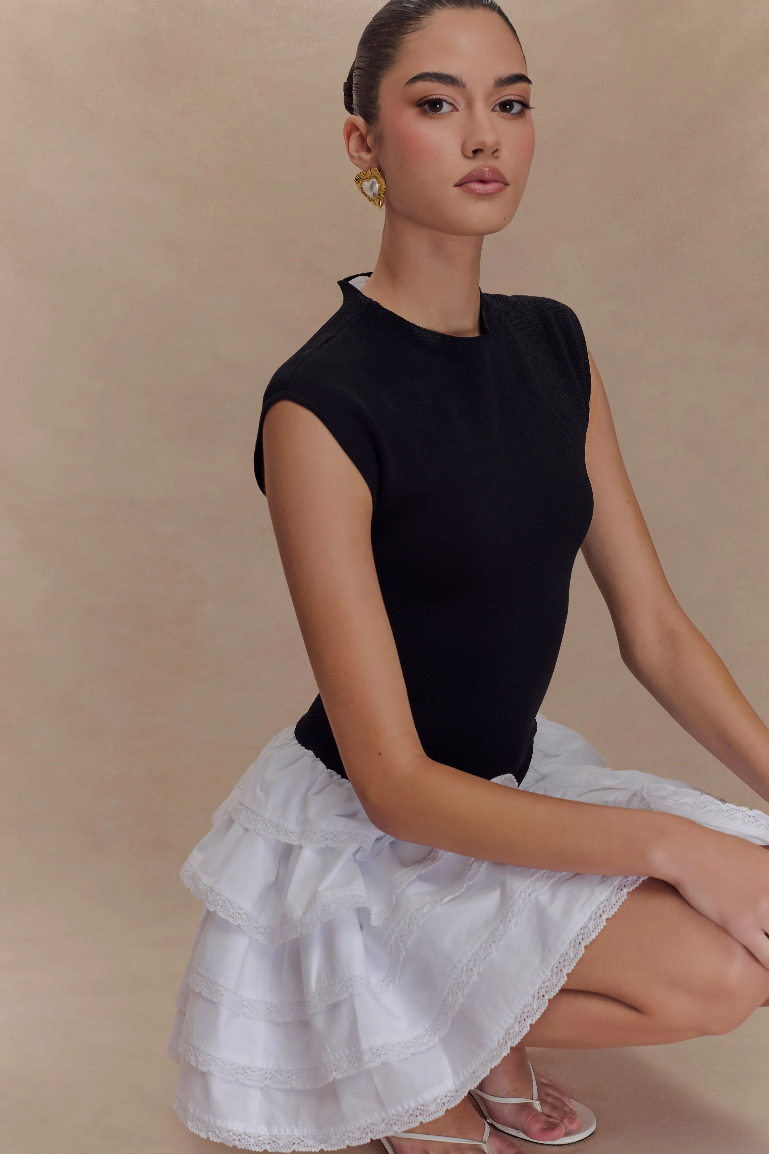 Maeve Contrast Ruffle Knit Mini Dress - Black/White sold by Meshki product image thumbnail 3