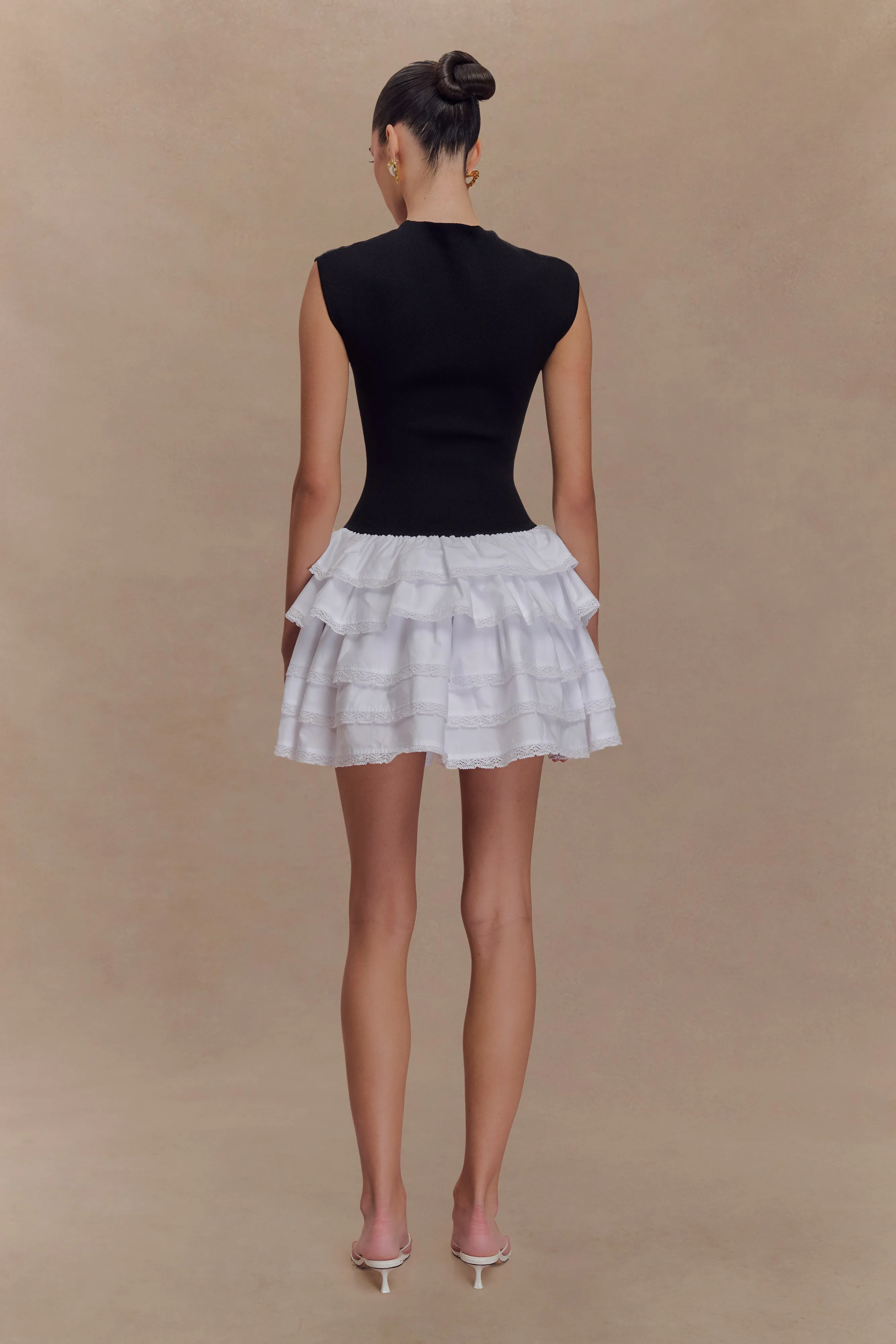 Maeve Contrast Ruffle Knit Mini Dress - Black/White sold by Meshki product image thumbnail 4