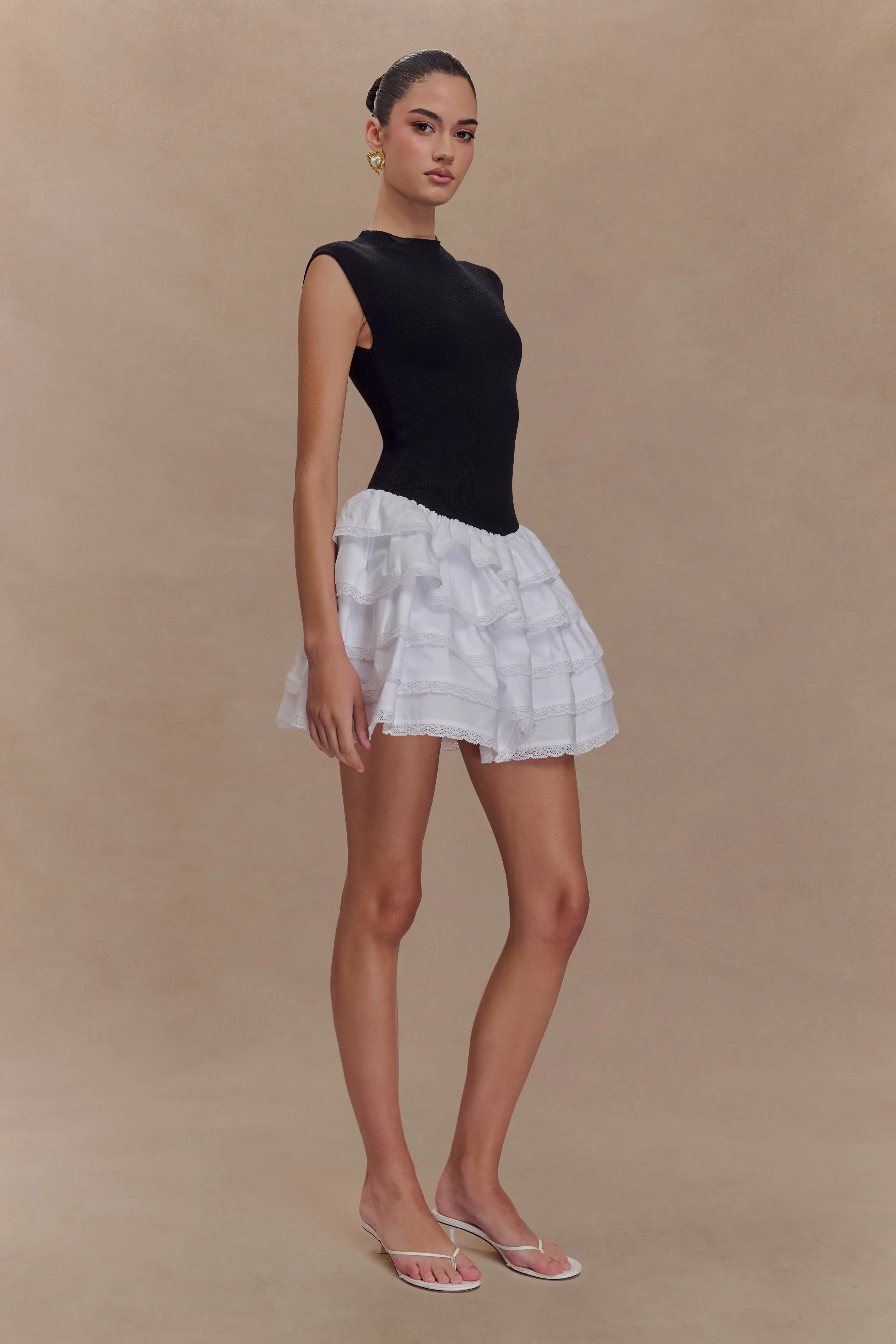 Maeve Contrast Ruffle Knit Mini Dress - Black/White sold by Meshki product image thumbnail 5