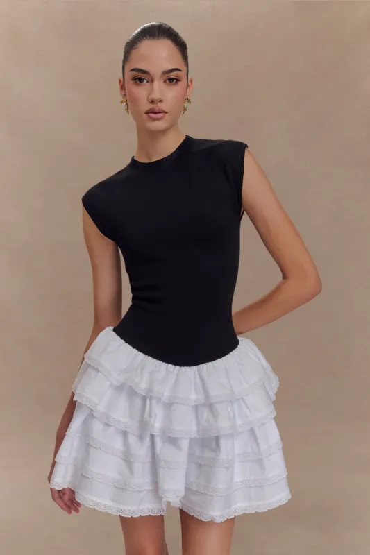 Maeve Contrast Ruffle Knit Mini Dress - Black/White sold by Meshki