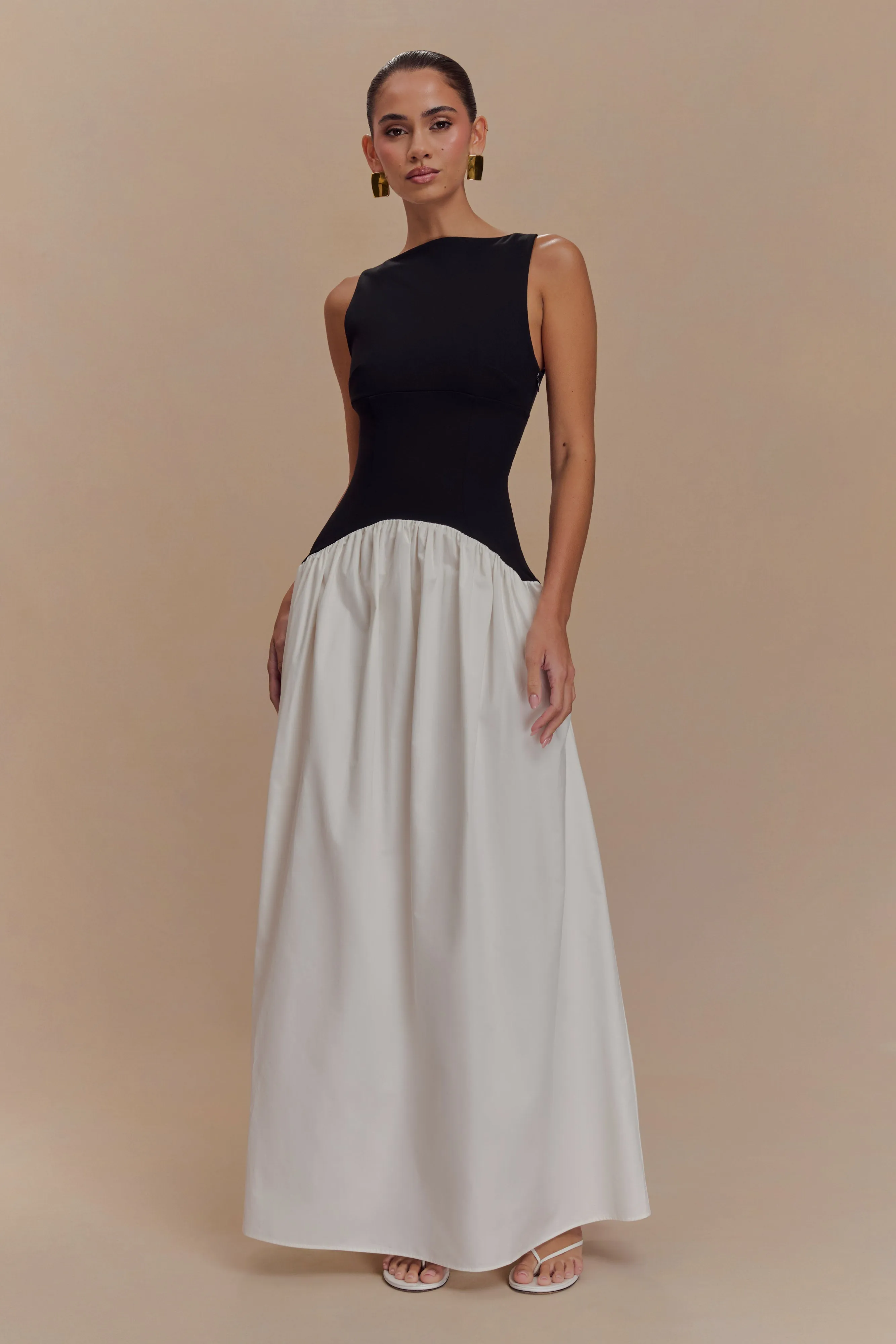 Acacia Contrast Sleeveless Maxi Dress - Black/White sold by Meshki