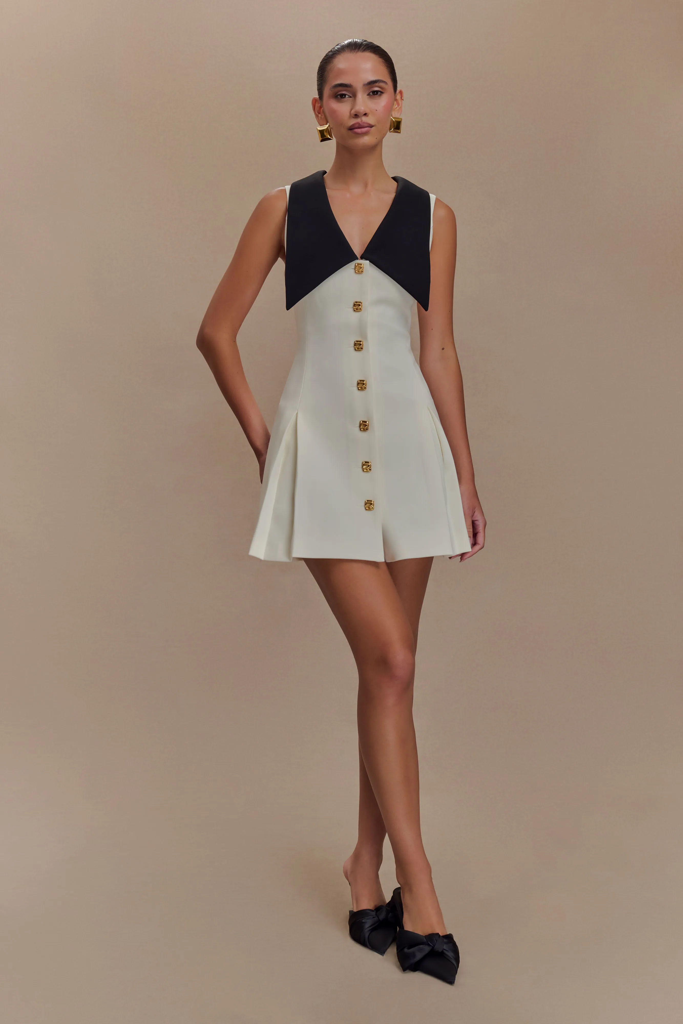 Oli Sleeveless Contrast Mini Dress - Ivory/Black sold by Meshki