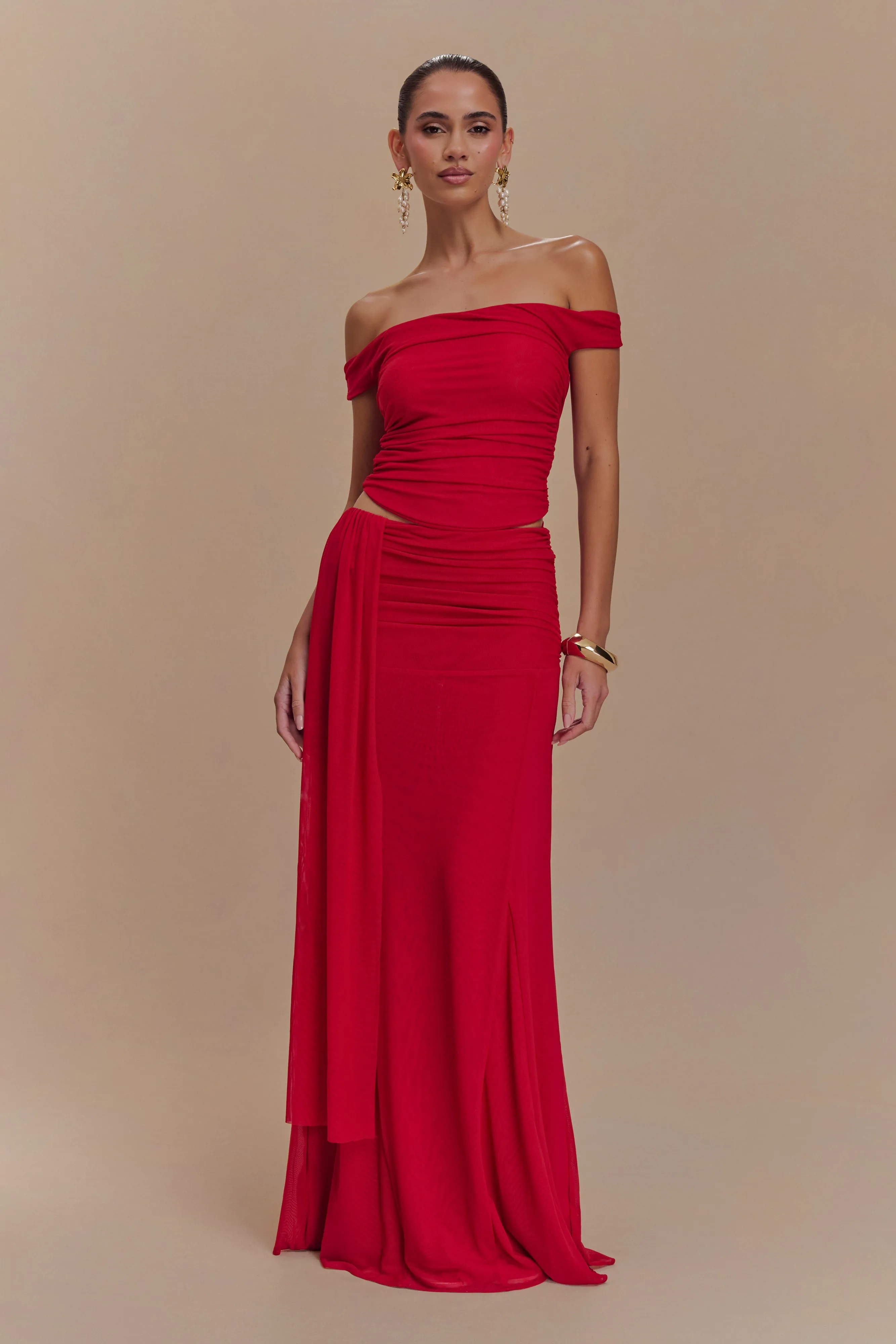 Arna Mesh Maxi Skirt - Ruby sold by Meshki