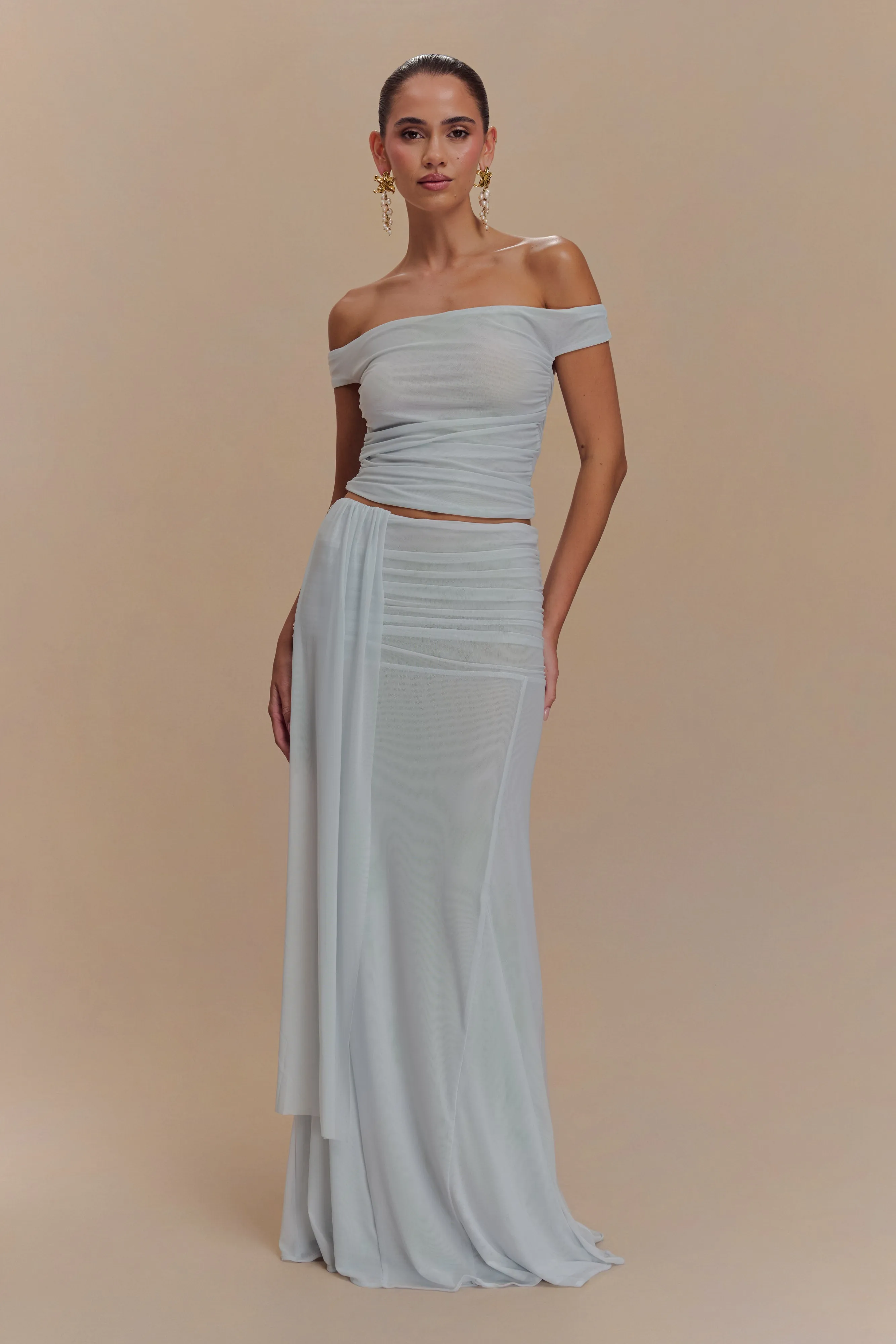 Arna Mesh Maxi Skirt - Pale Blue sold by Meshki
