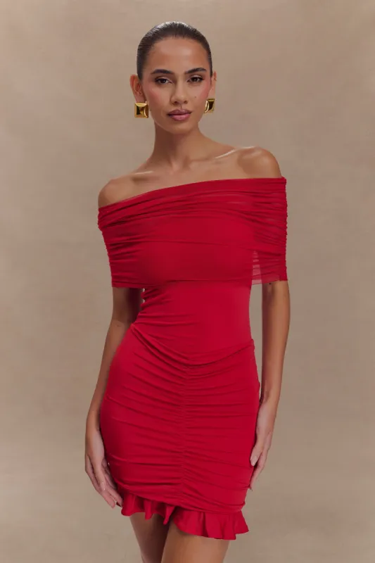 Caspian Slinky And Mesh Off Shoulder Mini Dress - Ruby sold by Meshki