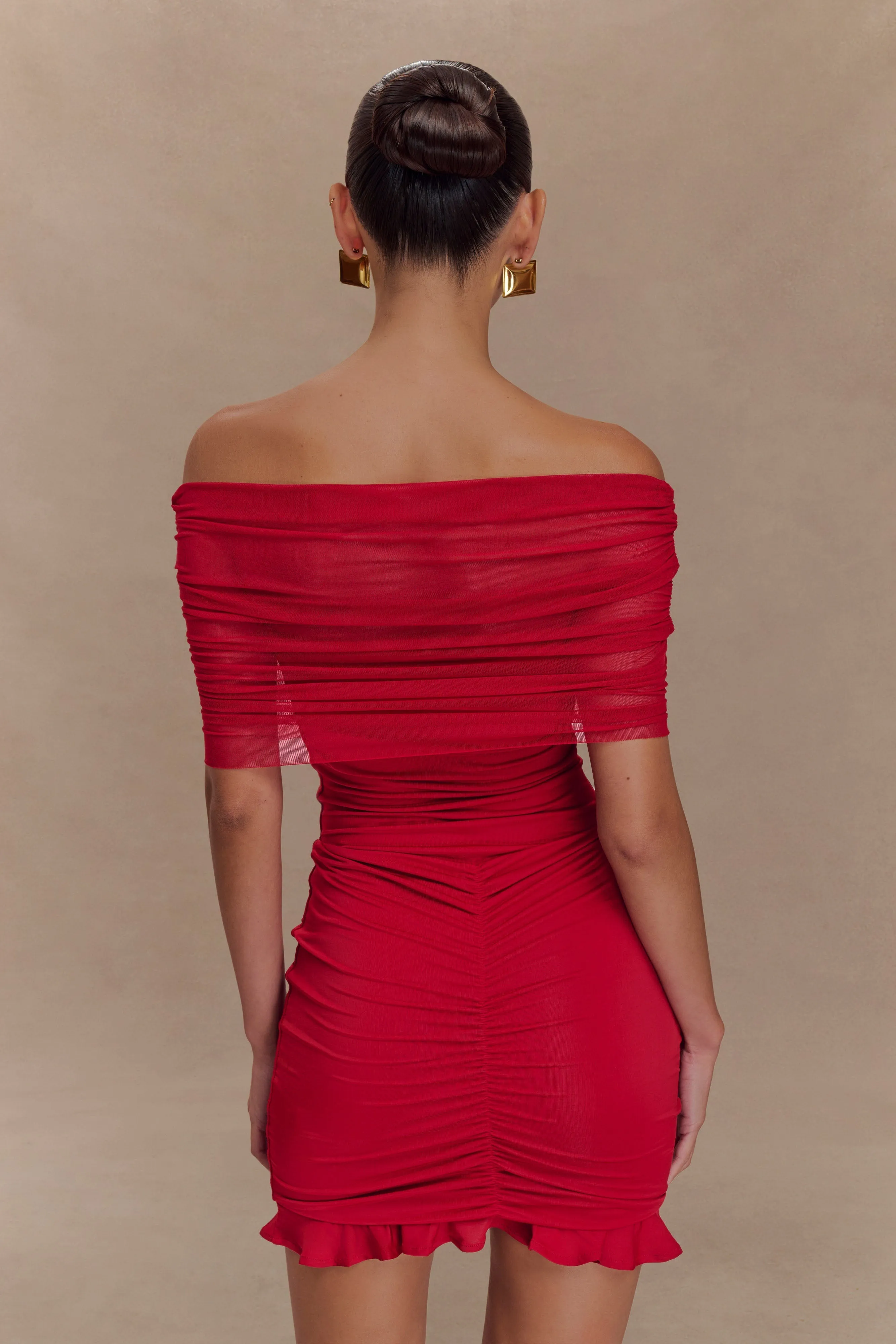 Caspian Slinky And Mesh Off Shoulder Mini Dress - Ruby sold by Meshki product image thumbnail 2