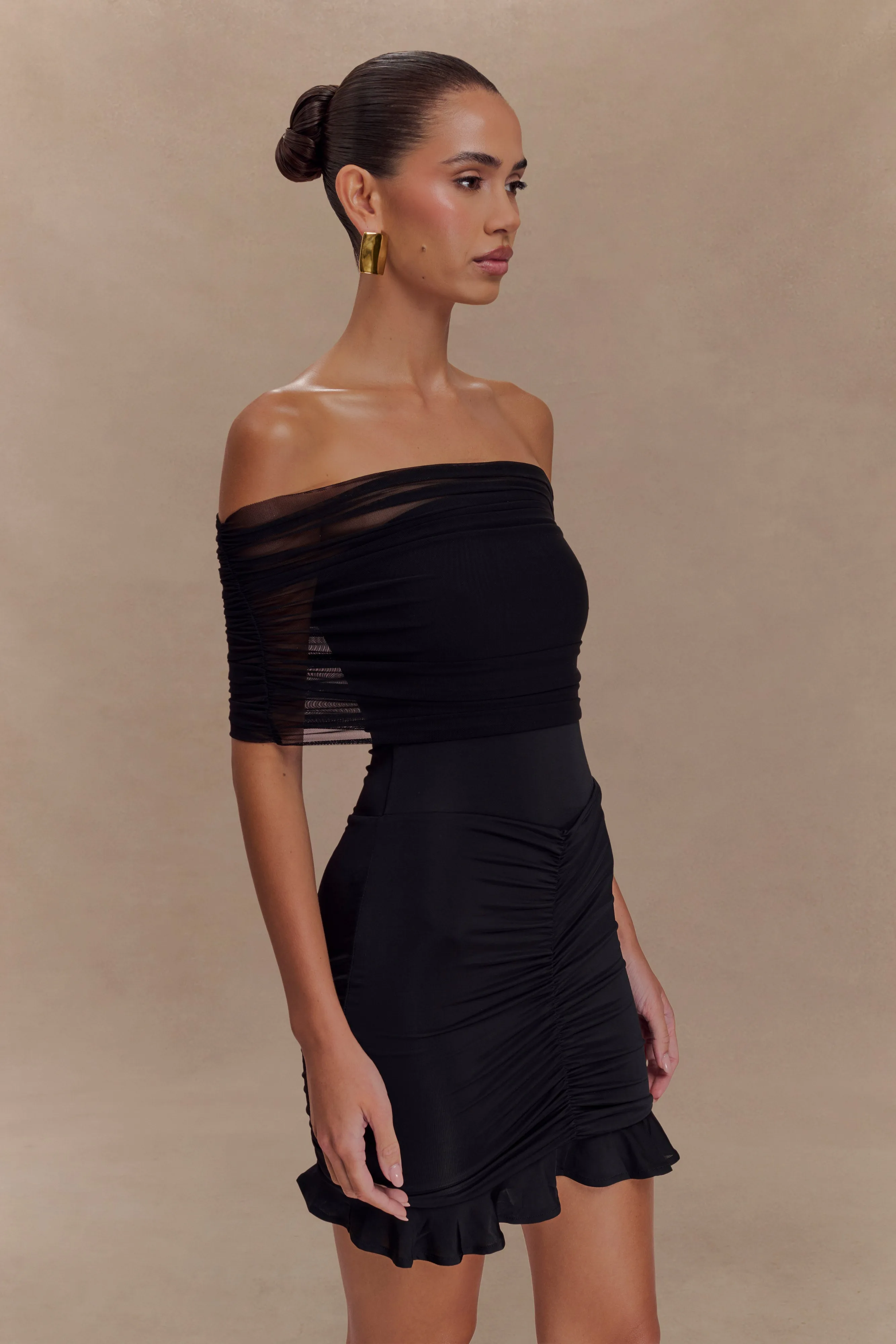 Caspian Slinky And Mesh Off Shoulder Mini Dress - Black sold by Meshki product image thumbnail 4