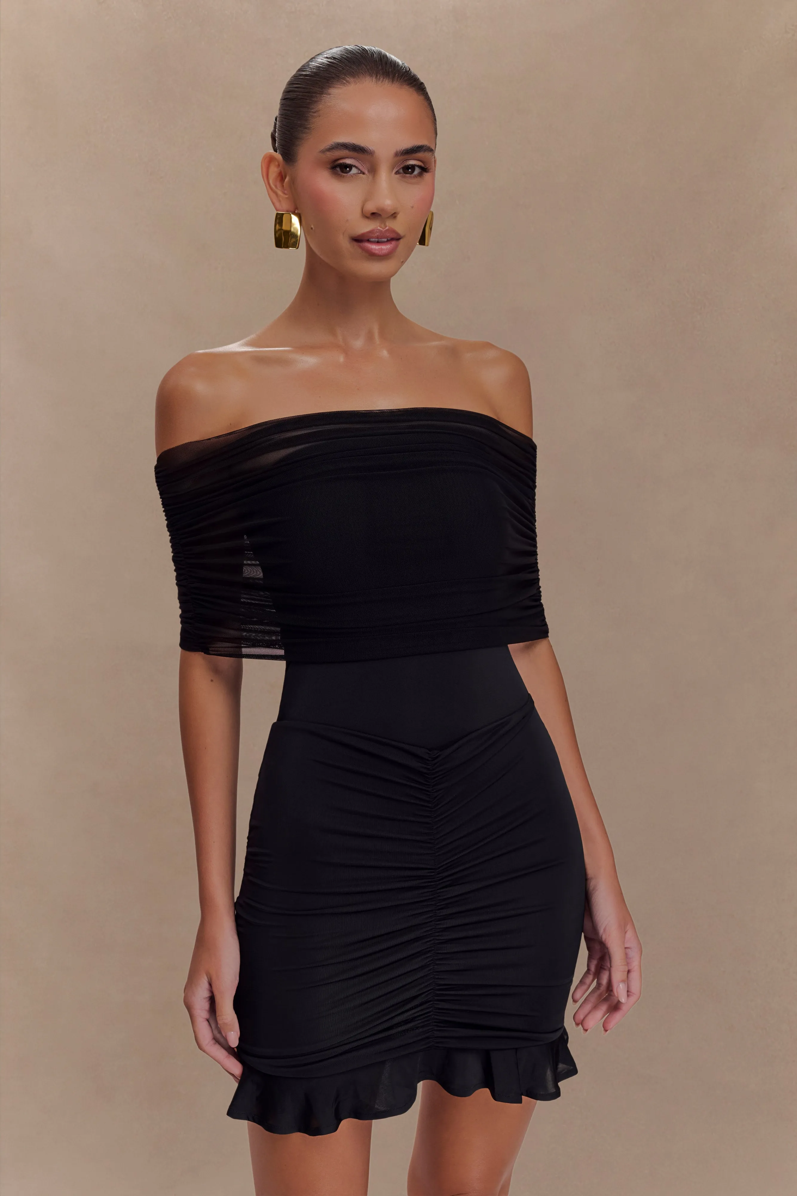 Caspian Slinky And Mesh Off Shoulder Mini Dress - Black sold by Meshki product image thumbnail 5